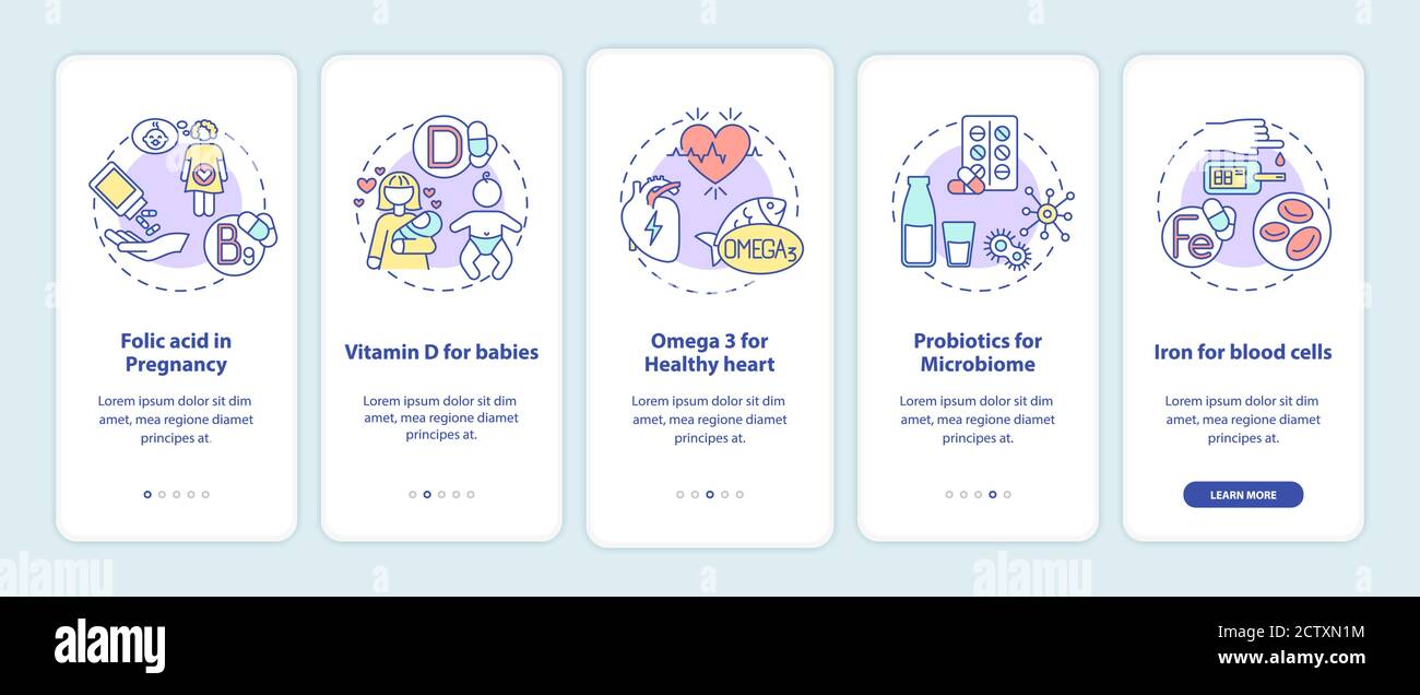 Essential supplements onboarding mobile app page screen with concepts Stock Vector
