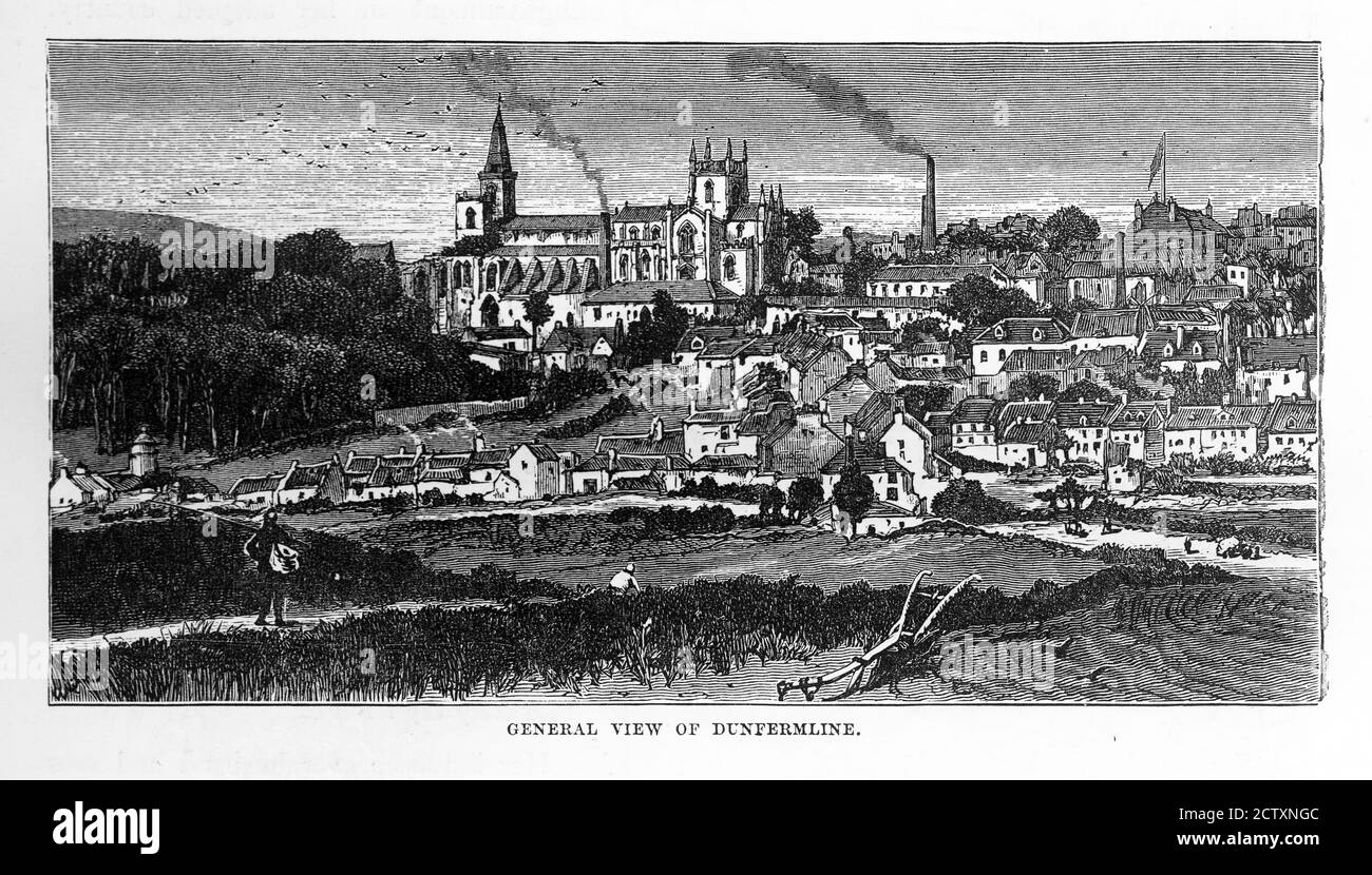 General View of Dunfermline, England Engraving, Circa 1840 Stock Photo