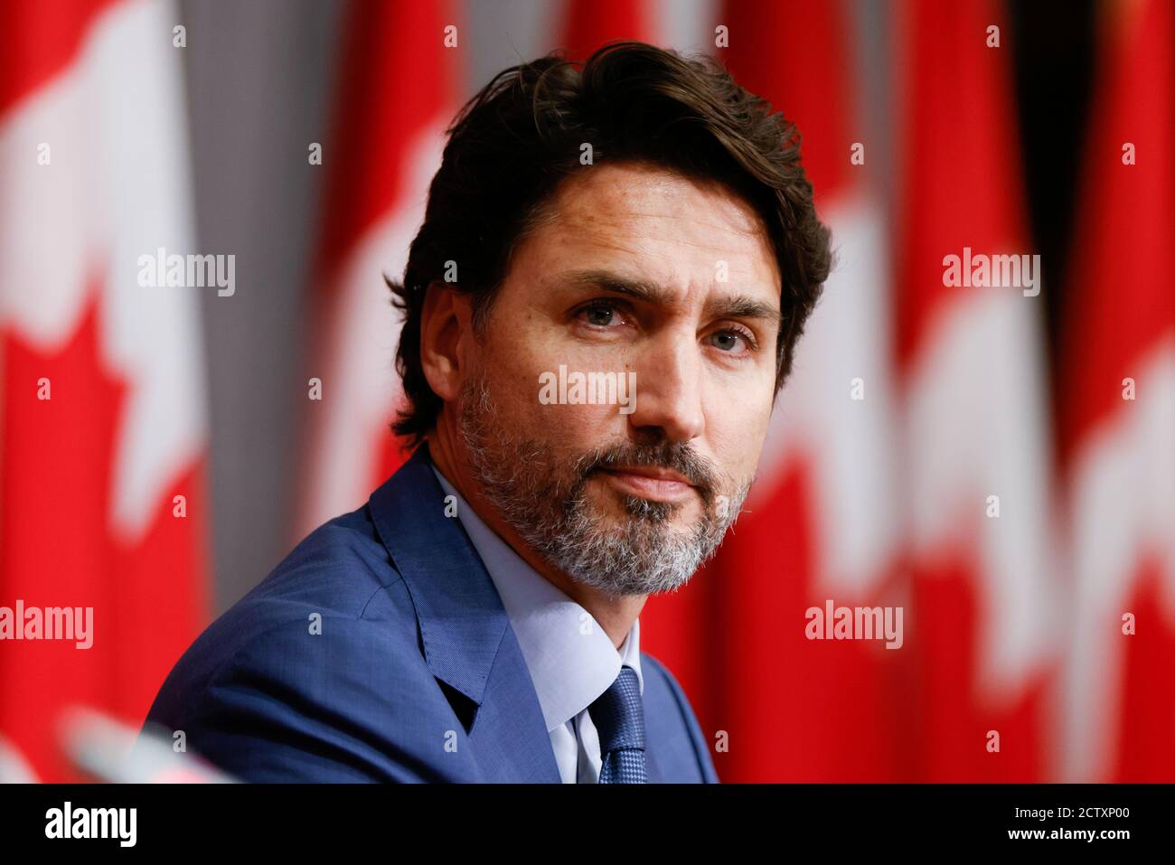 Canada's Prime Minister Justin Trudeau takes part in a news conference on Parliament Hill in Ottawa, Ontario, Canada September 25, 2020.  REUTERS/Blair Gable Stock Photo