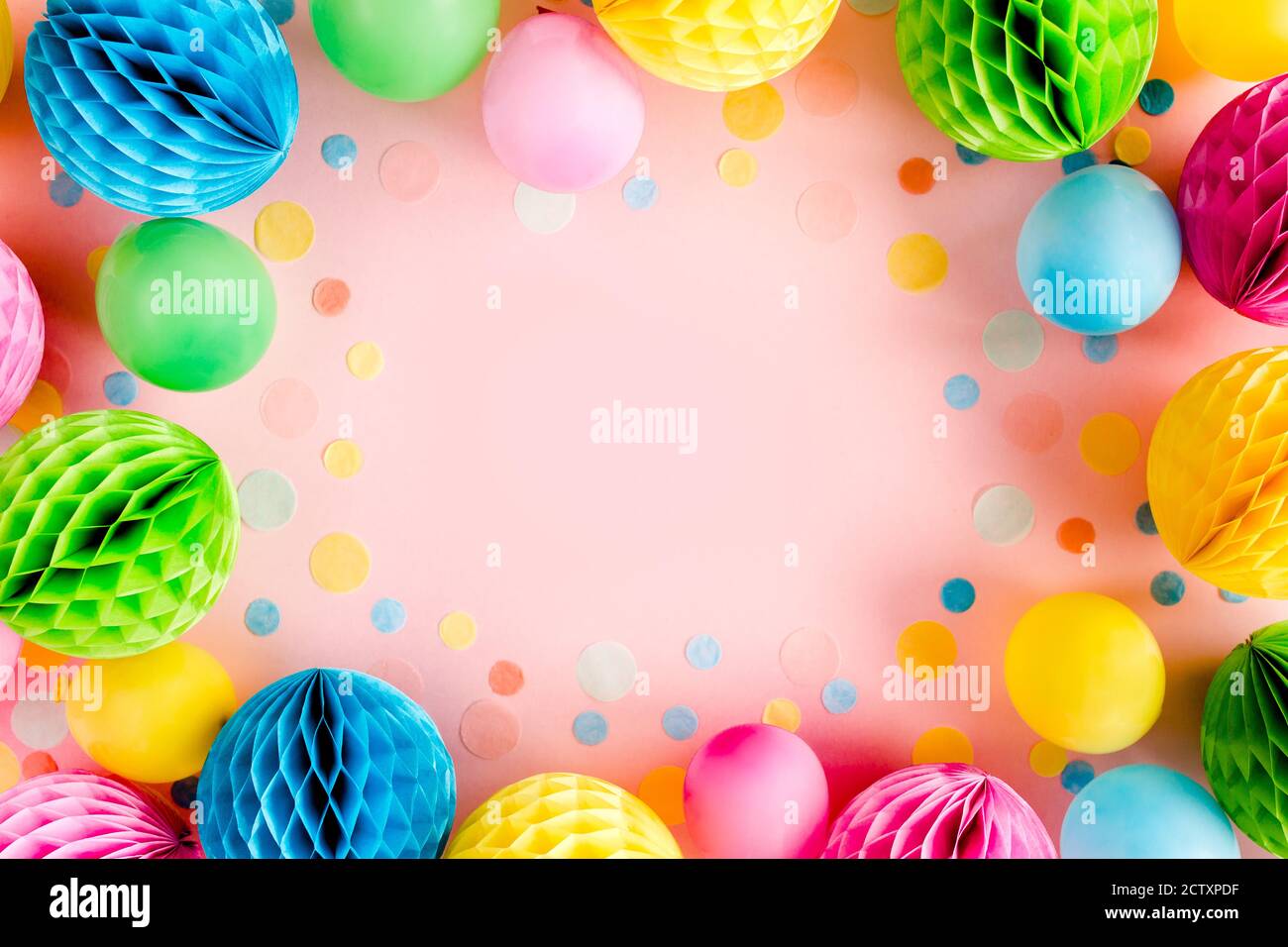 Frame from Balloons and confetti on pink background. Valentines day,  Birthday, holiday concept. Flat lay, top view. Birthday party background  Stock Photo - Alamy