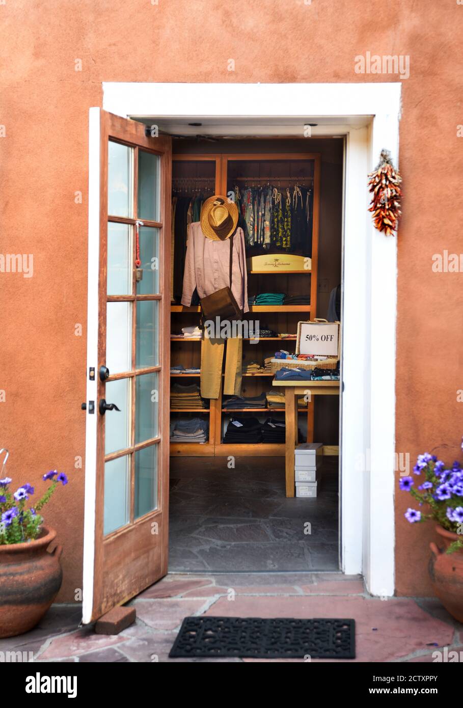 The entrance to a retail clothing store in Santa Fe, New Mexico Stock