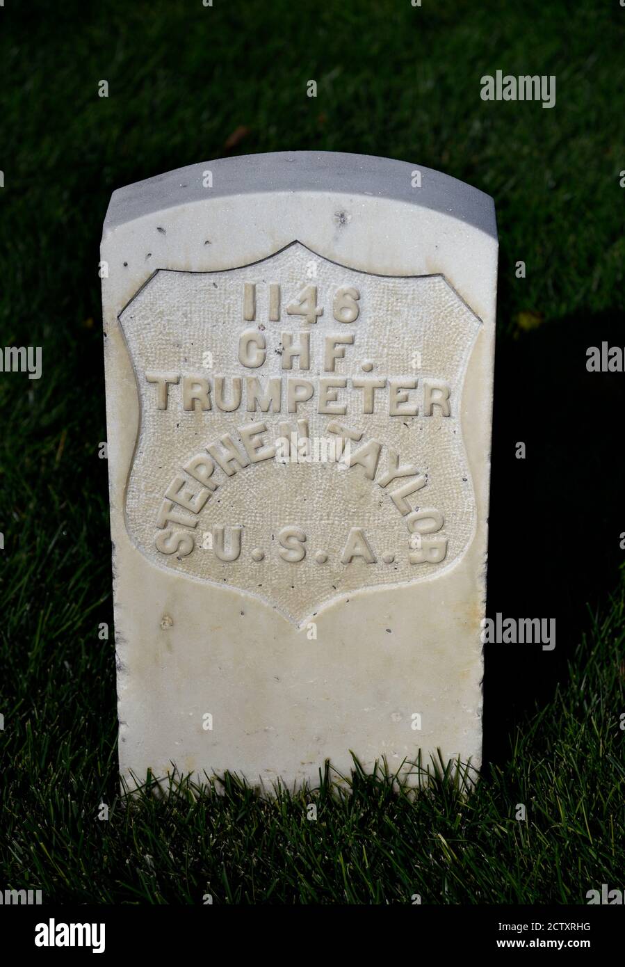 The 19th century marble tombstone of Buffalo Soldier Stephen Taylor, the African-American Chief Trumpeter of the U.S. Army's Ninth Cavalry Regiment. Stock Photo