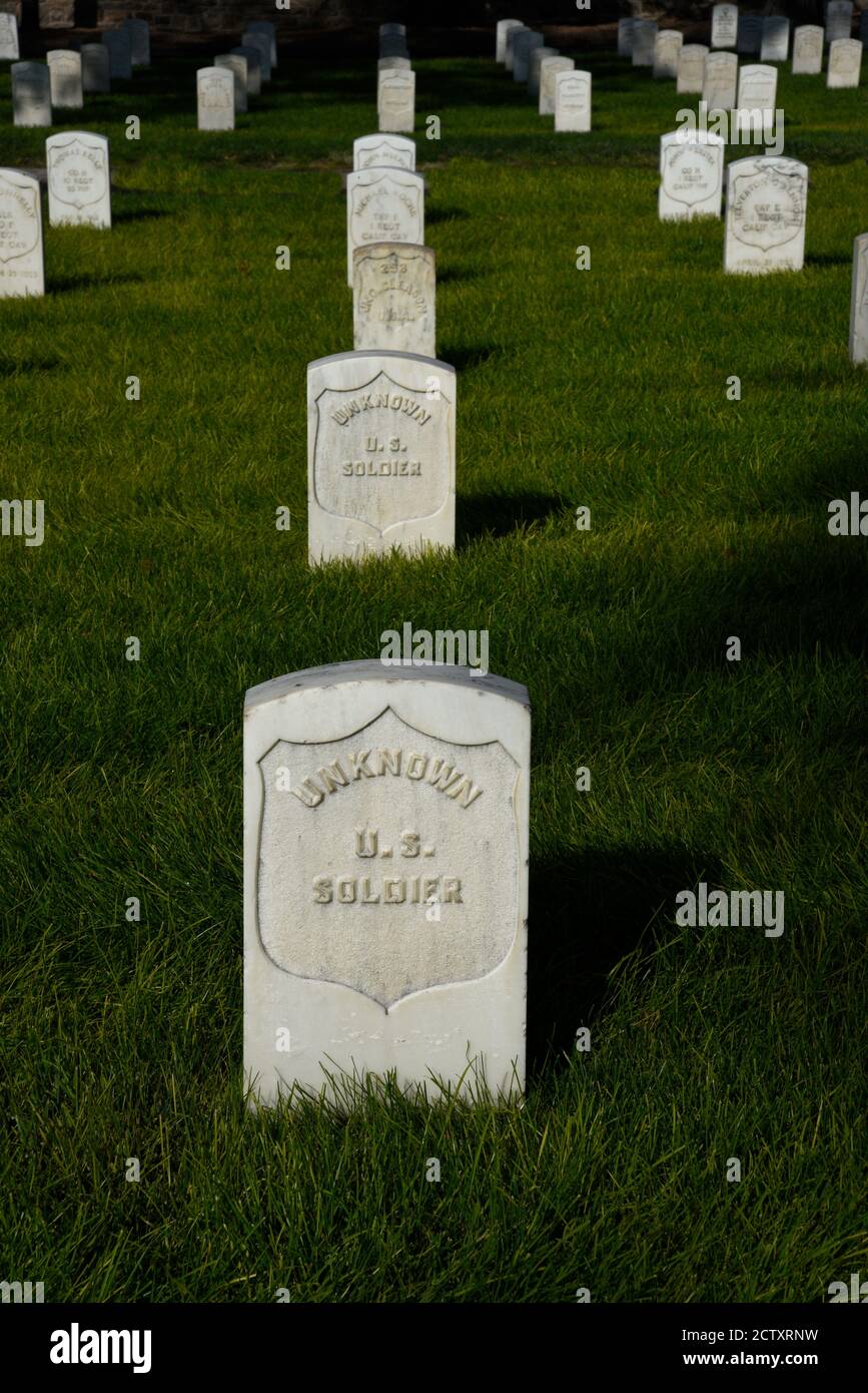 Marble tombstones mark the19th century graves of unknown U.S. soldiers who died in America's Civil War in the 1860s. Stock Photo