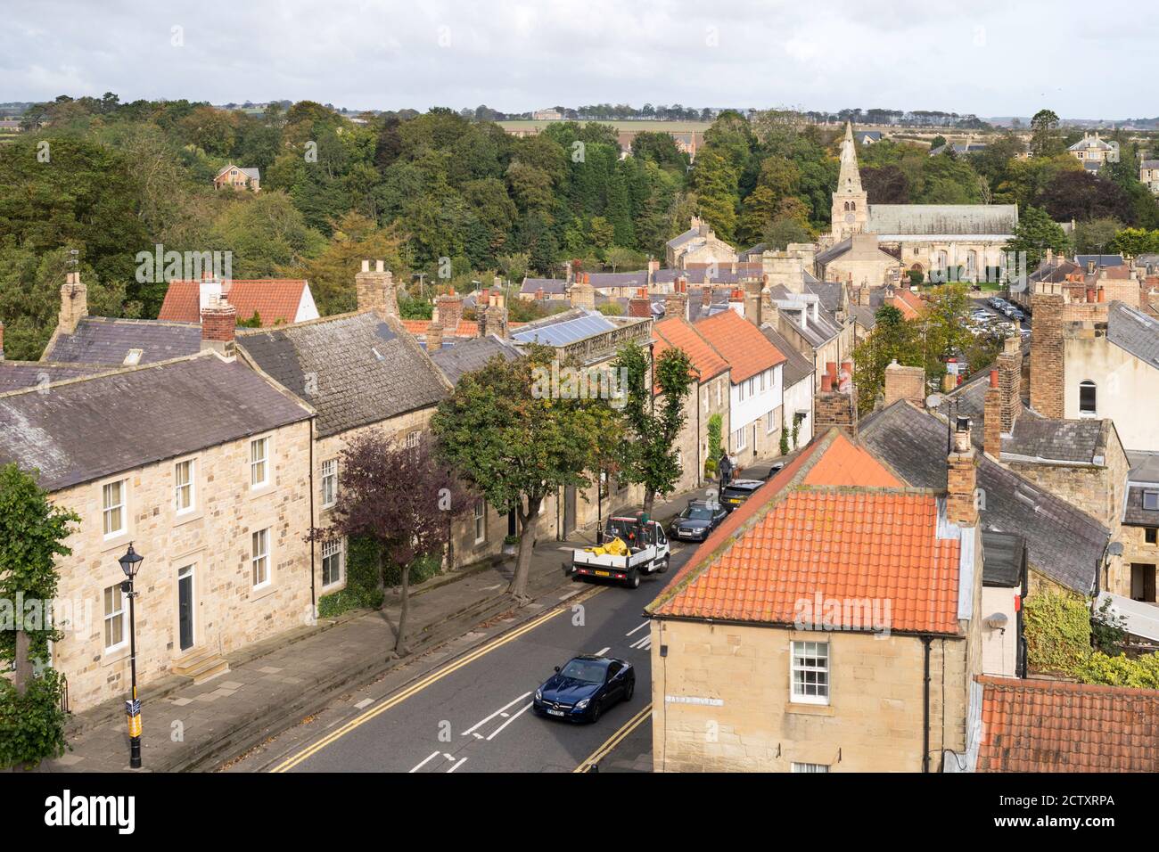 View from Warkworth castle along Castle Street in Warkworth, Northumberland, England, UK Stock