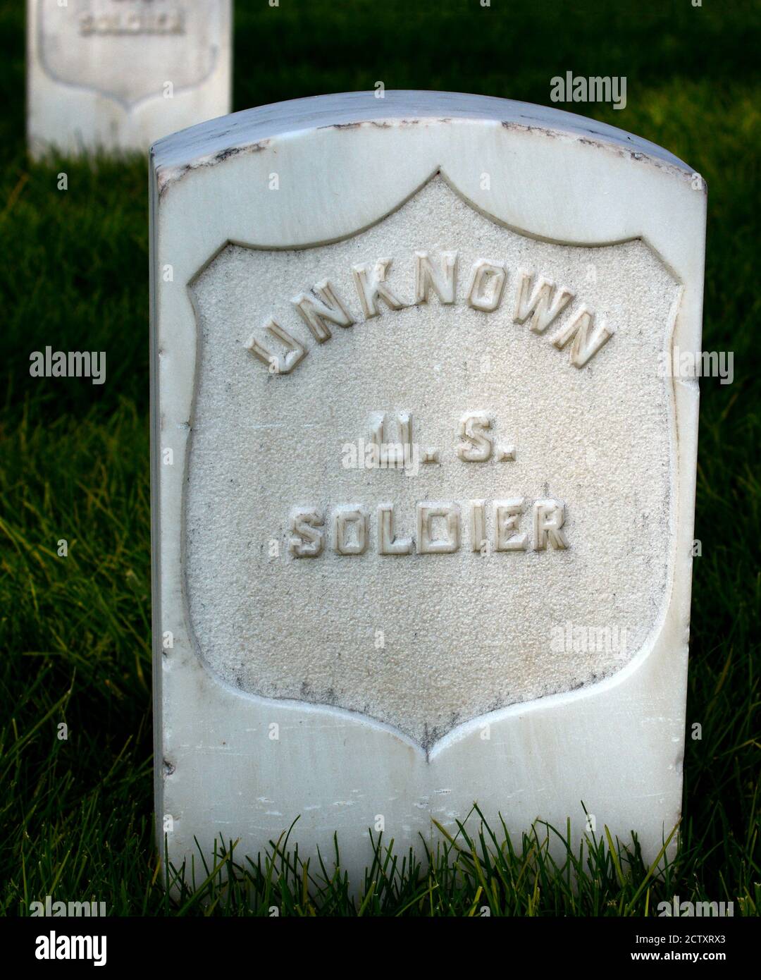 Marble tombstones mark the19th century graves of unknown U.S. soldiers who died in America's Civil War in the 1860s. Stock Photo