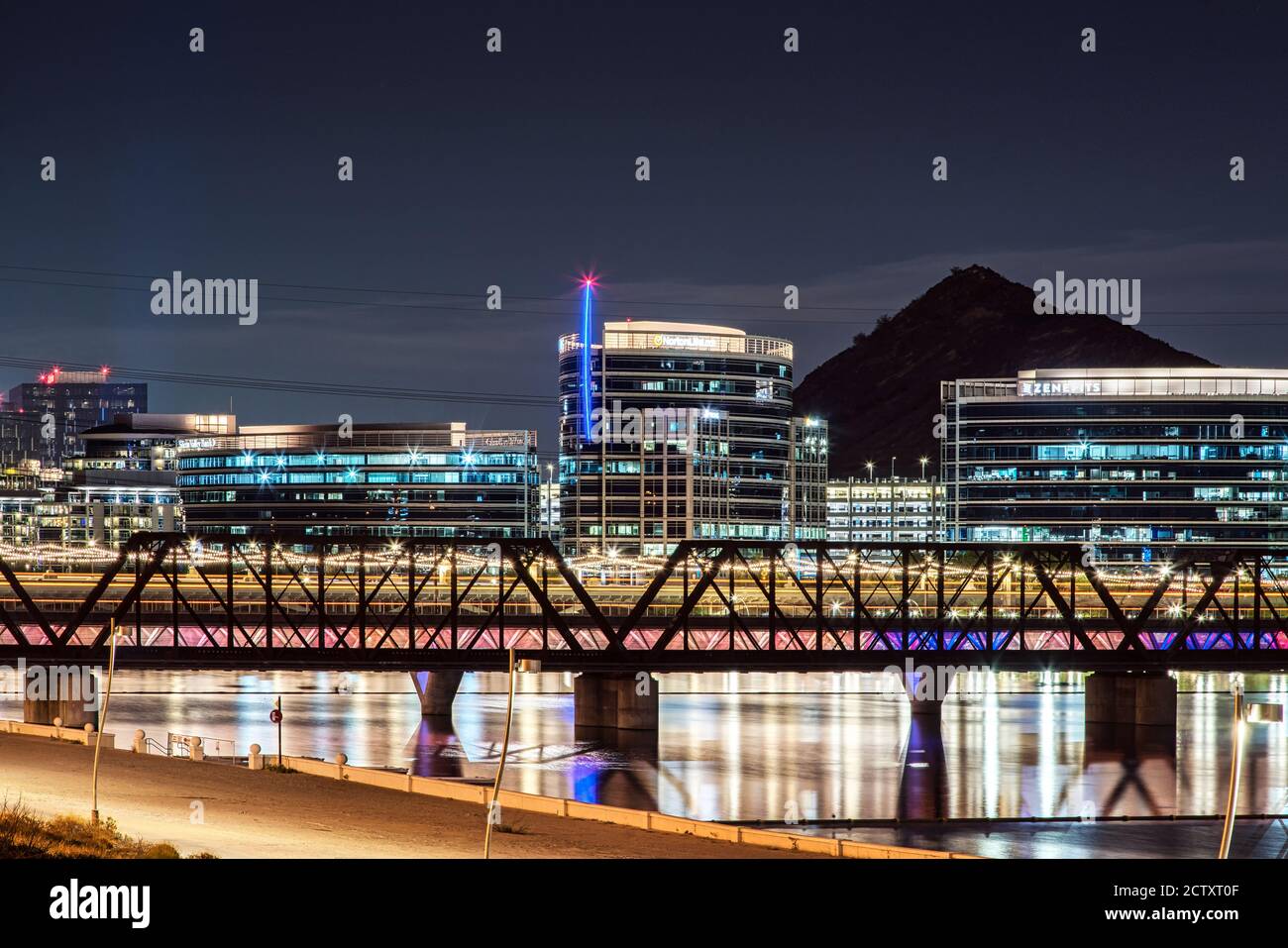 Evening view of the four bridges crossing Tempe Town Lake in Tempe Arizona. Stock Photo