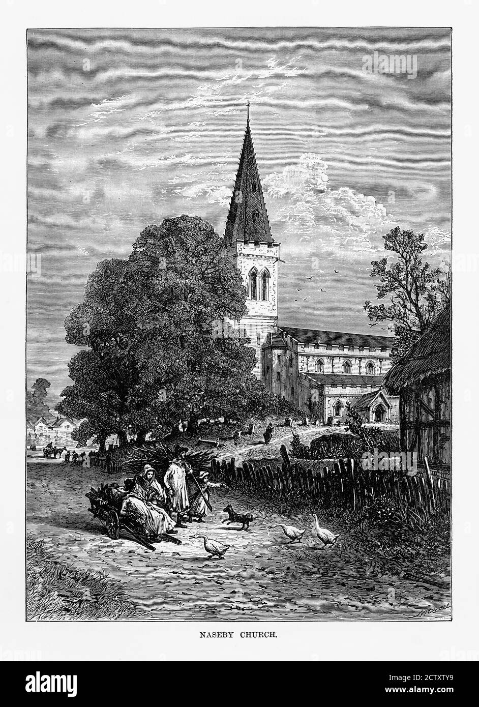 Naseby Church in Naseby, England Victorian Engraving, Circa 1840 Stock