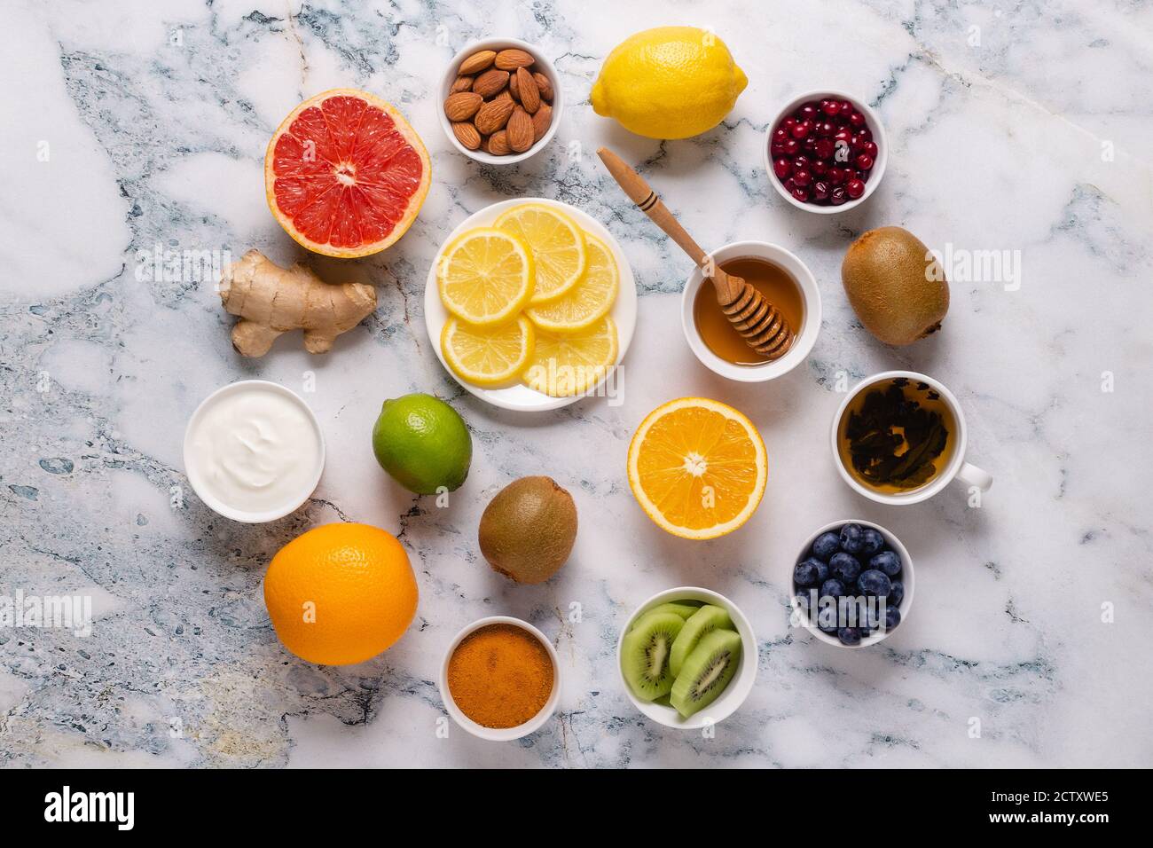 Healthy products for Immunity boosting and cold remedies, top view. Stock Photo