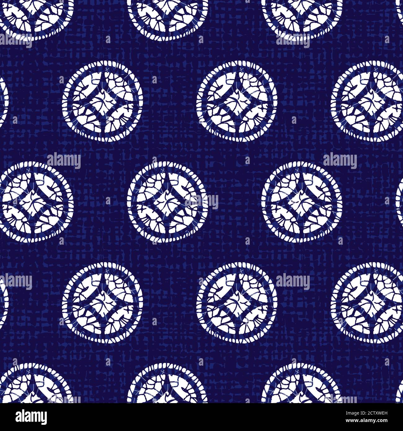 Vector blue shibori quilt large abstract circle seamless pattern with canvas background. Suitable for textile, gift wrap and wallpaper. Stock Vector