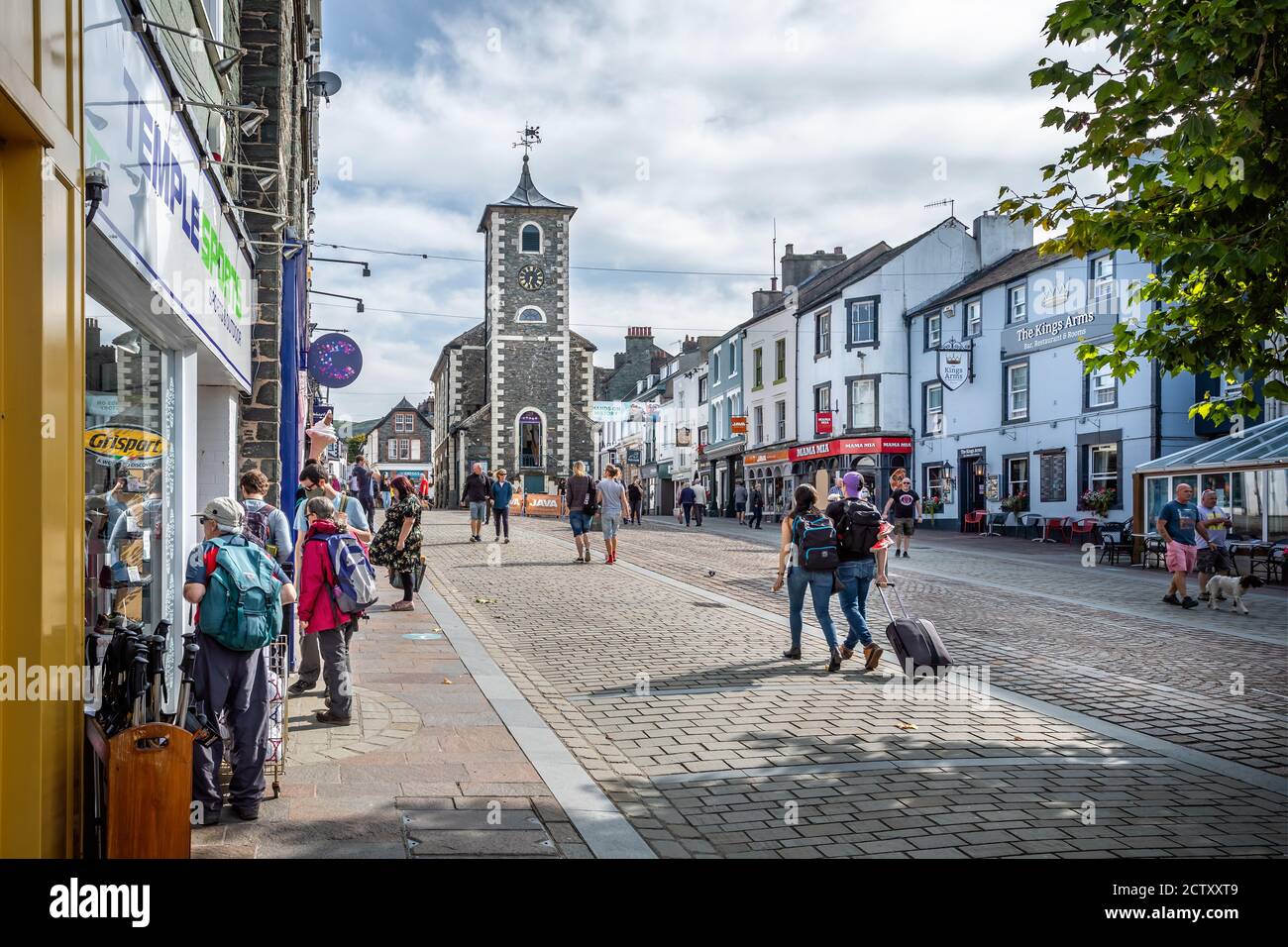 Historic Moot Hall and surrounding shops in Main Street Keswick, Cumbria, UK on 18 September 2020 Stock Photo