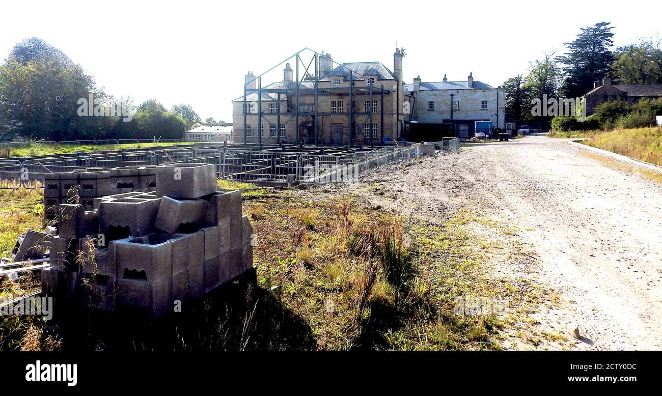 September 2020 -Building extensions being constructed at Wyreside Hall, Dolphinholme, Lancashire.The original house was sold by John Fenton Cawthorn's trustees in 1836 to Robert Garnett (1780-1852). In 1843-44 the house was remodelled by Garnett to designs by Edmund Sharpe (1809-77), including the demolition of Adams west front. At the same time, the interior was completely changed and redecorated. Other alteratyions took place and the house was sold in 1936 and divided into apartments. In  2012 it was converted into a hotel. Stock Photo