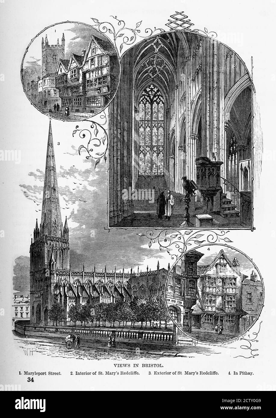 Bristol Historic Landmarks in Yorkshire, England Victorian Engraving, Circa 1840 Stock Photo