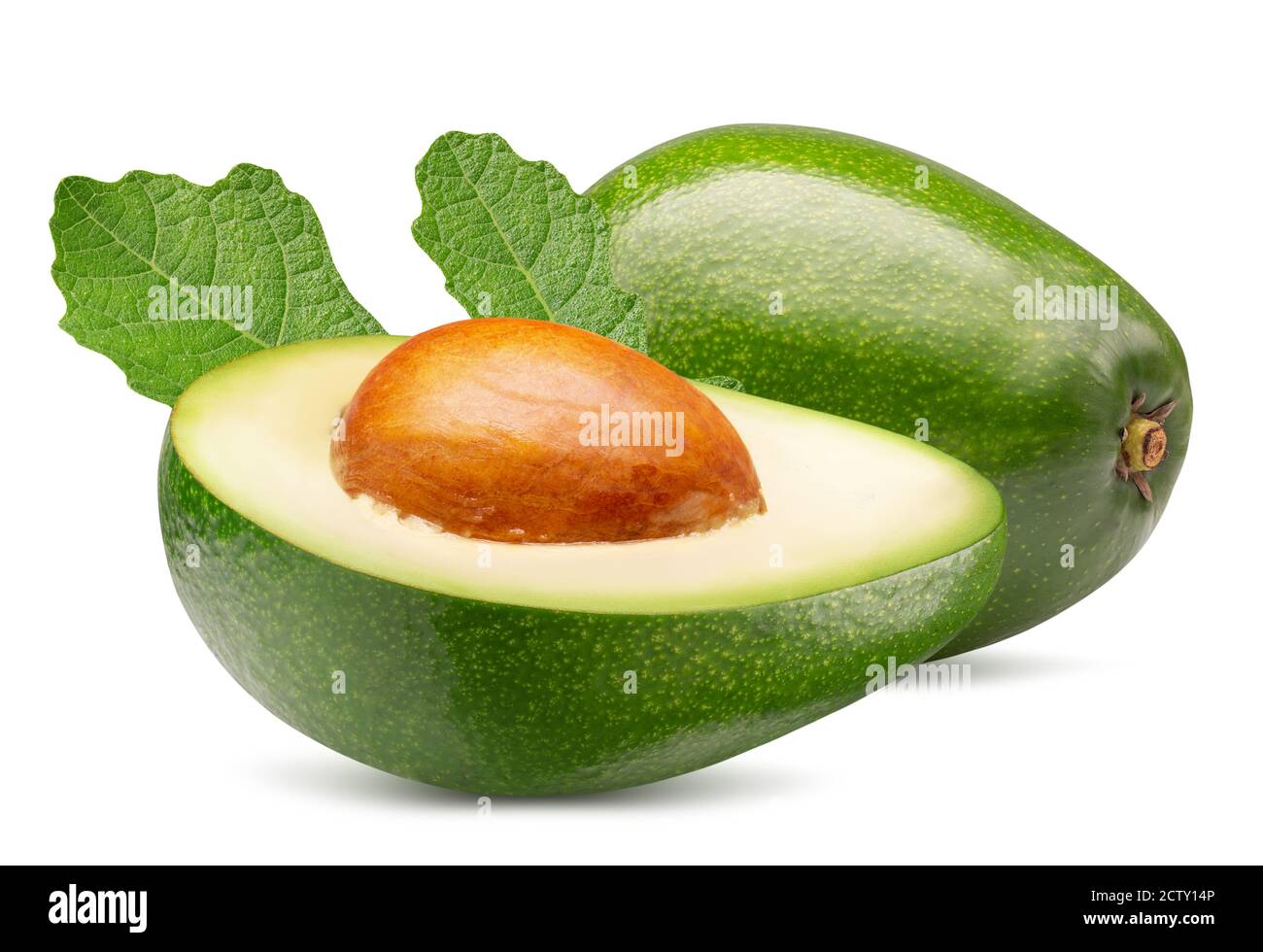 avocado with half of avocado and green leaves isolated on a white background. Stock Photo