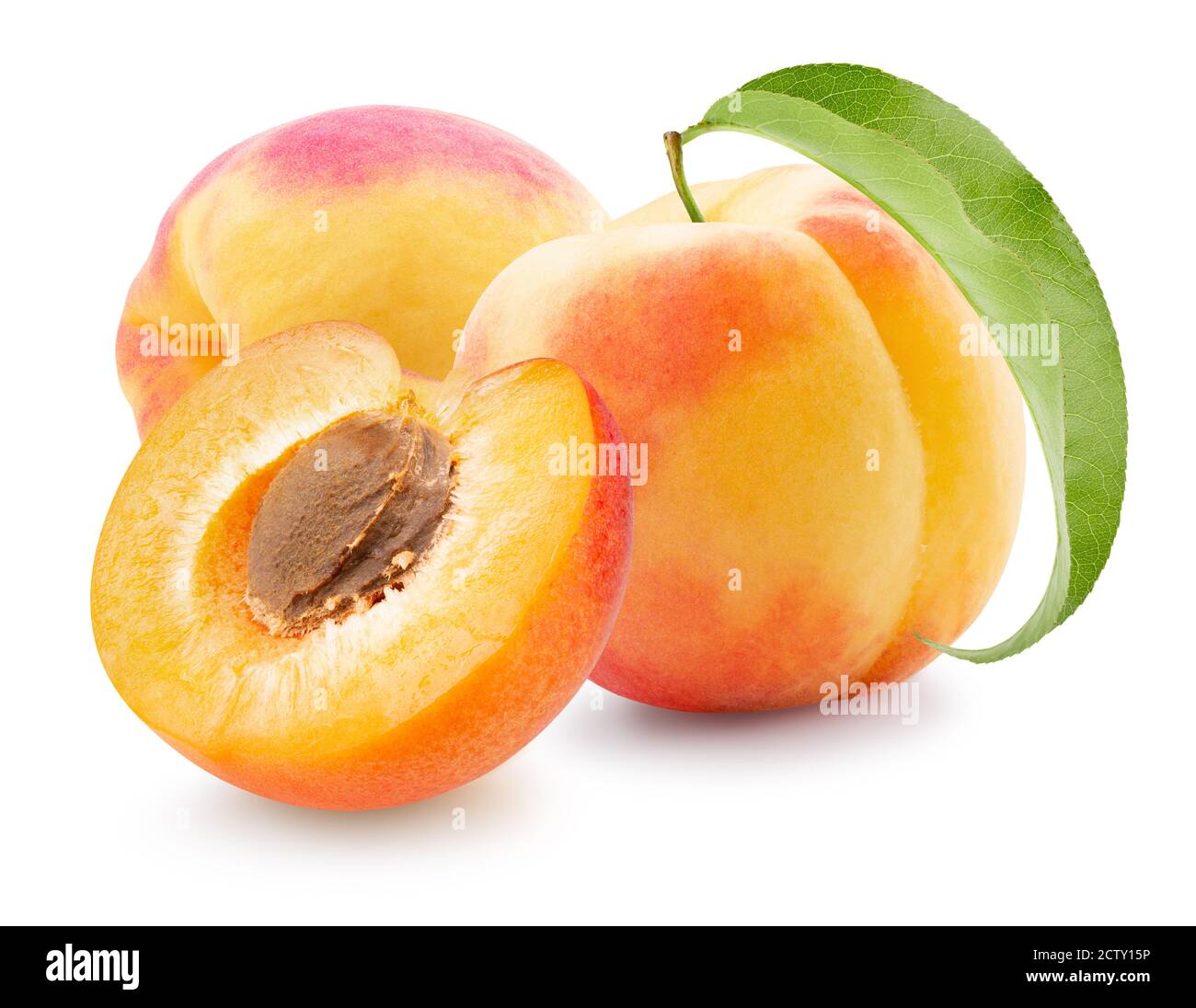 peaches with leaf isolated on a white background. Stock Photo