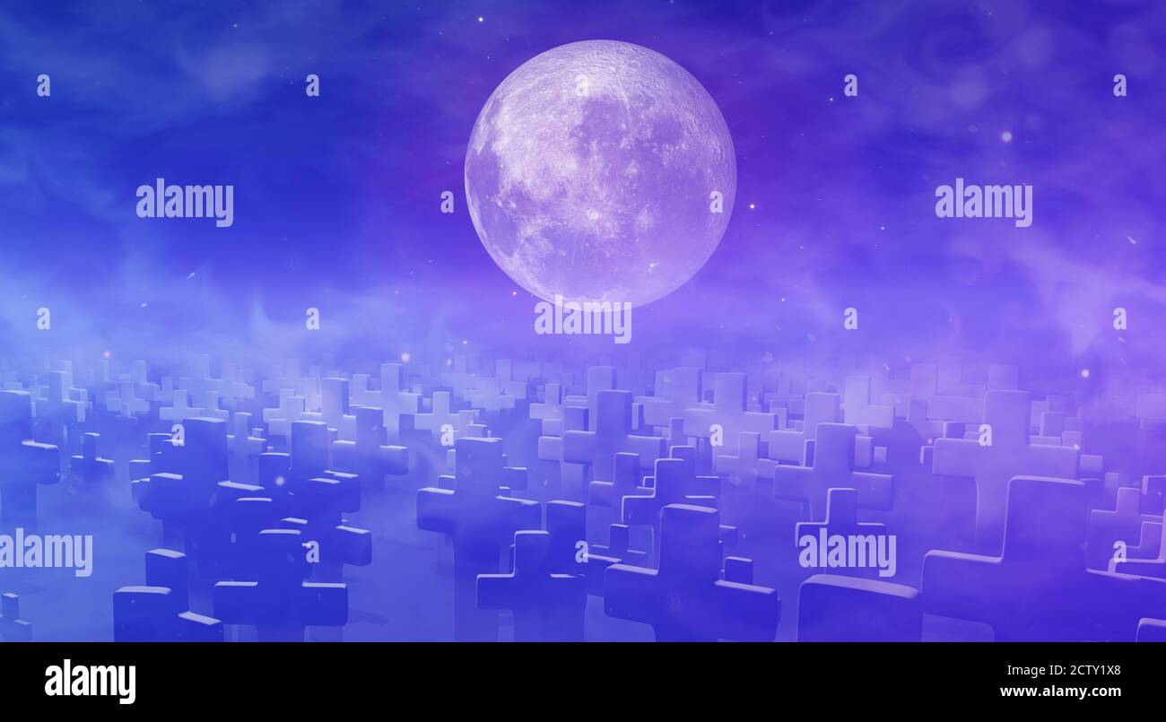 A Lot Of Crosses In The Cemetery In Haze Full Moon Halloween Background 3d Render Stock Photo Alamy