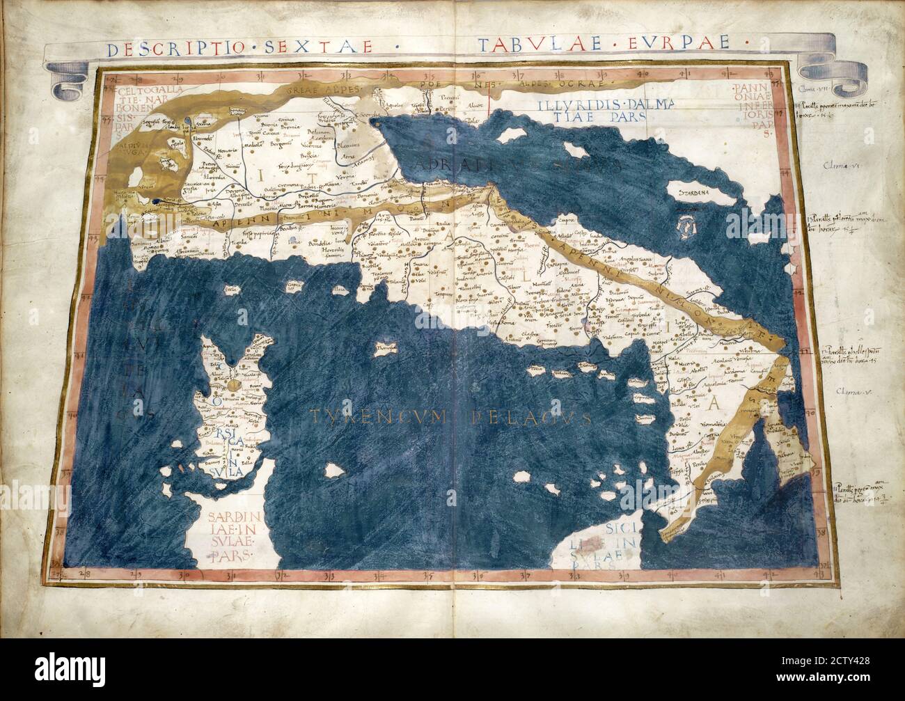 Italy old map from rare medieval book Geography by Claudius Ptolemy published in 1480. Detail of vintage Ancient World map close-up. Concept of histor Stock Photo