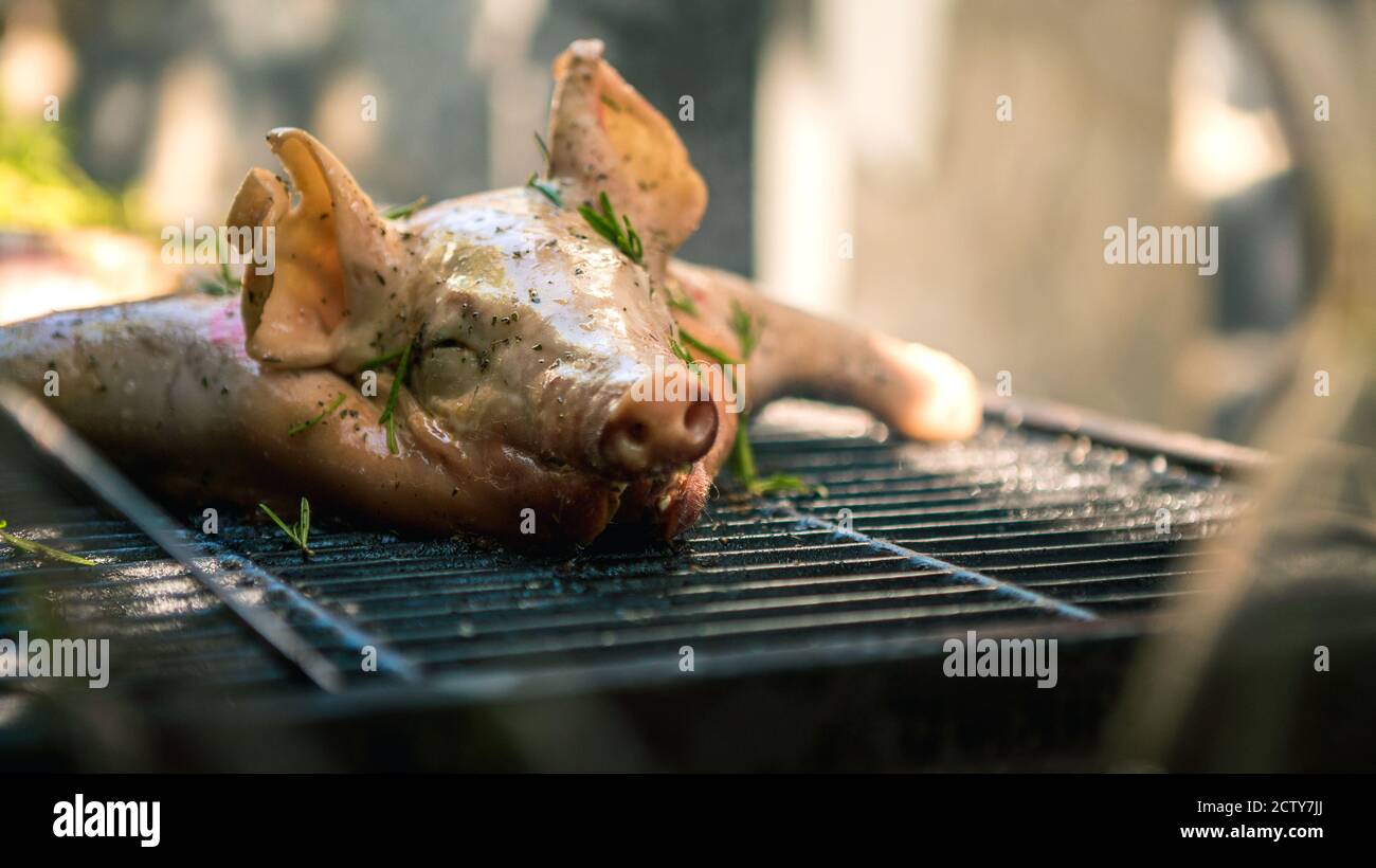 Tasty pork on a barbecue grill. Close up of whole pig cooked grilled meat in BBQ of garden home at holiday vacations. Crispy roasted piglet on a spit Stock Photo