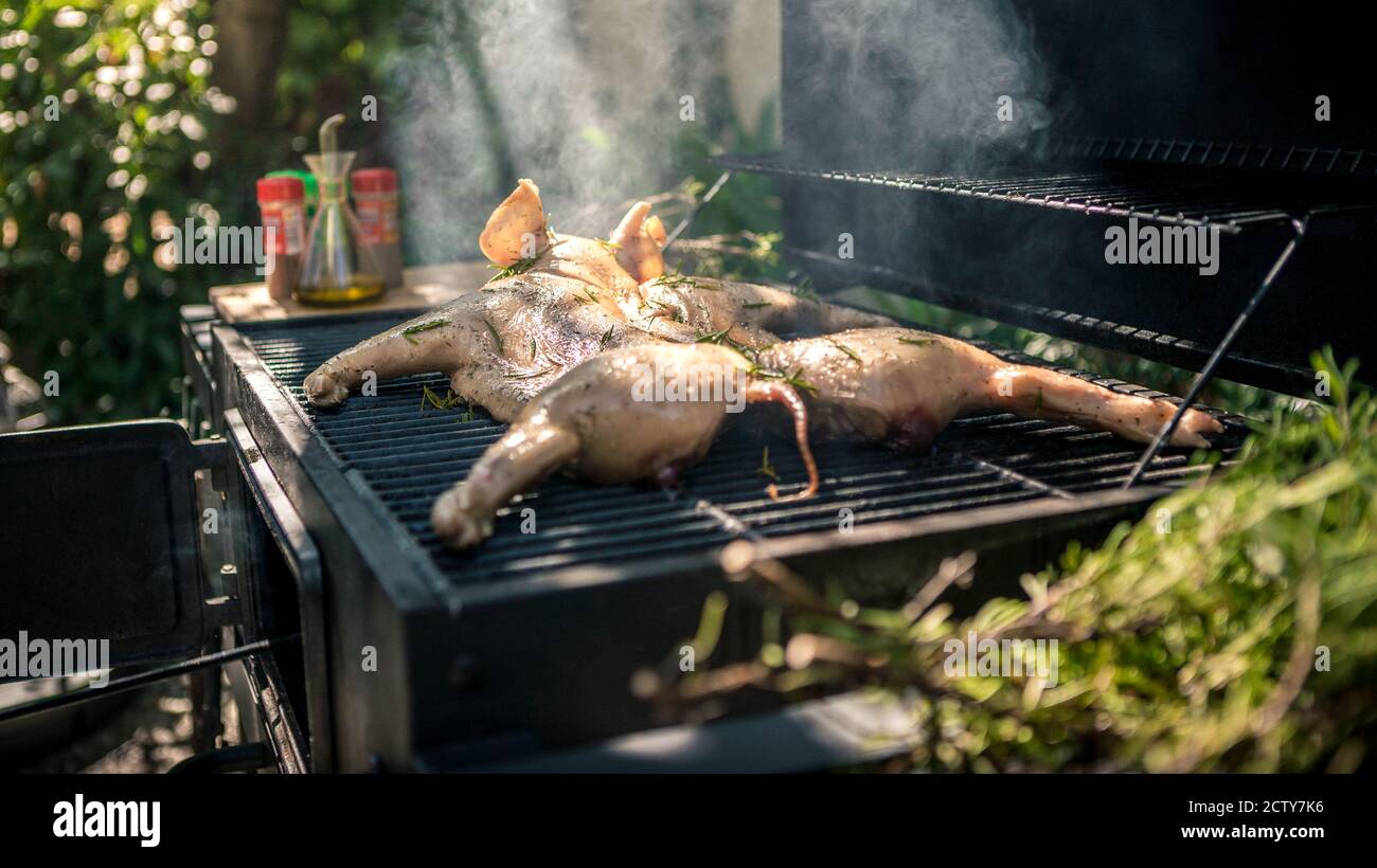 Tasty pork on a barbecue grill. Close up of whole pig cooked grilled meat in BBQ of garden home at holiday vacations. Crispy roasted piglet on a spit Stock Photo
