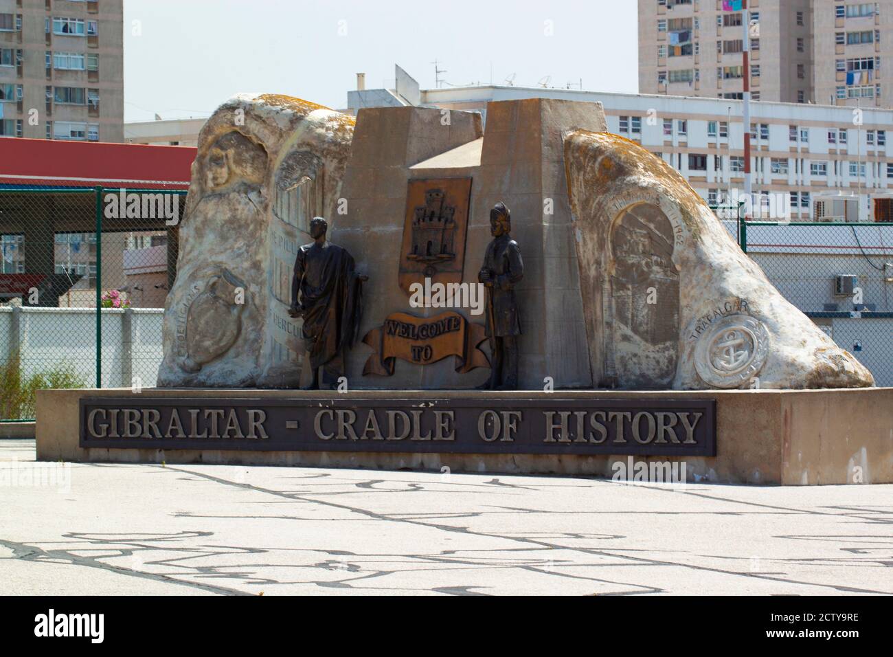 Gibraltar, UK 07/09/2010: A stone monument at the entrance of Gibraltar after border control. It writes: Welcome to Gibraltar, the cradle of history s Stock Photo