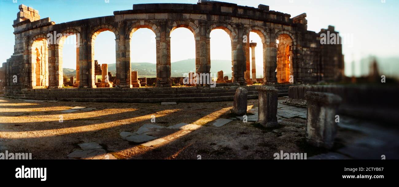 Ancient Roman ruins at an archaeological site, Volubilis, Morocco Stock Photo