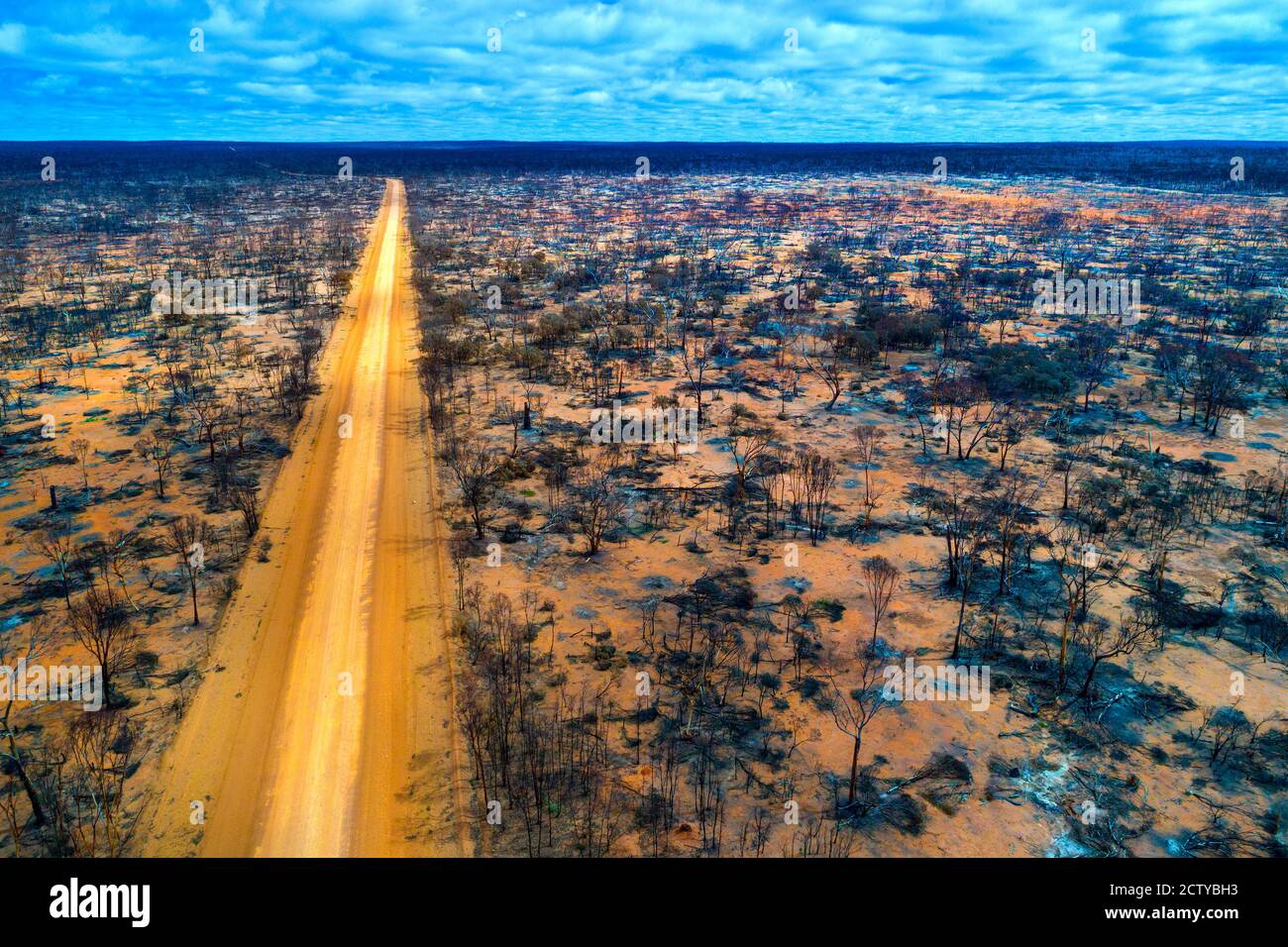 Aerial view of Norseman to Hyden road through burnt landscape, Western