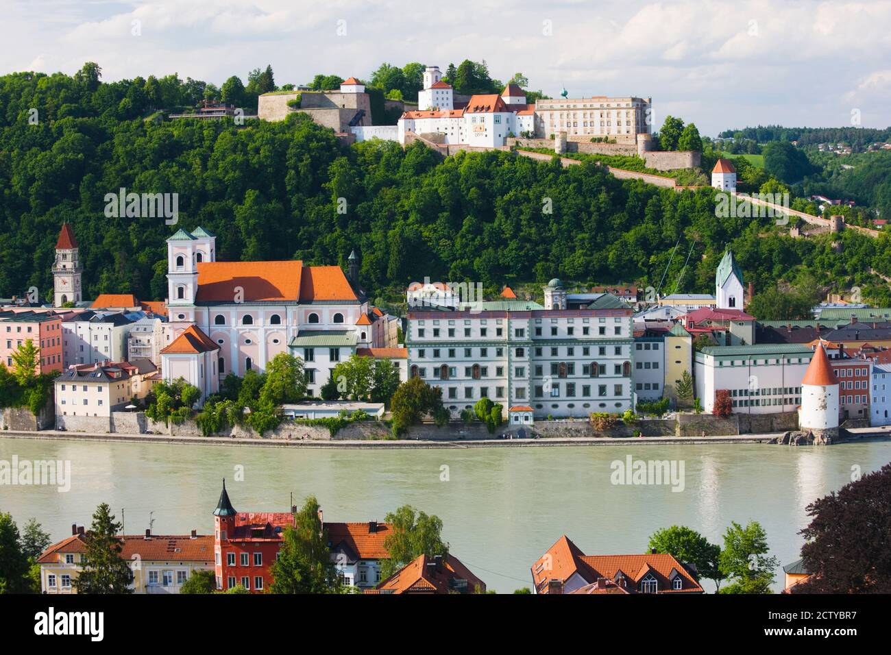 Town at the waterfront, Inn River, Passau, Bavaria, Germany Stock Photo