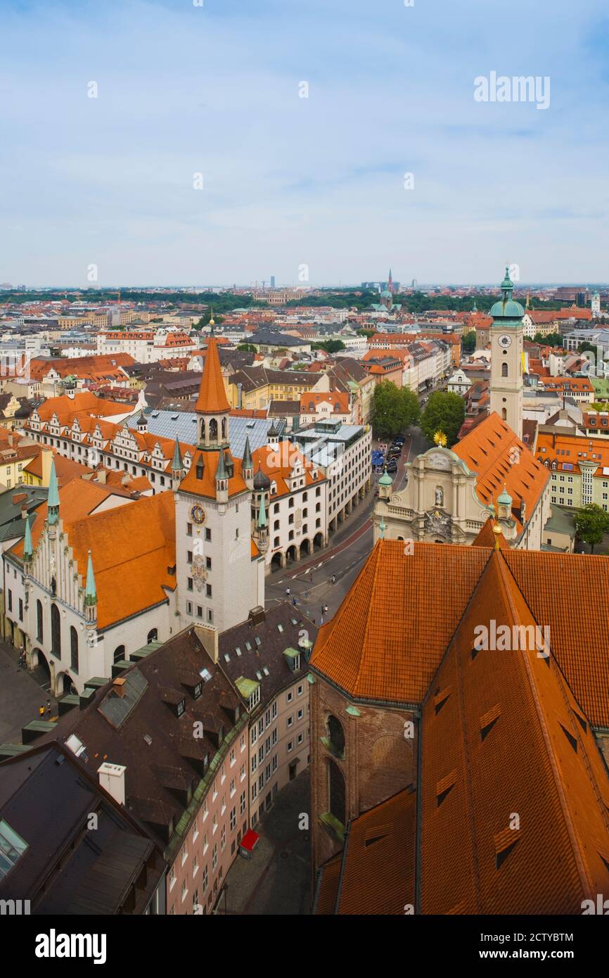 High angle view of buildings and a church in a city, Heiliggeistkirche, Old Town Hall, Munich, Bavaria, Germany Stock Photo