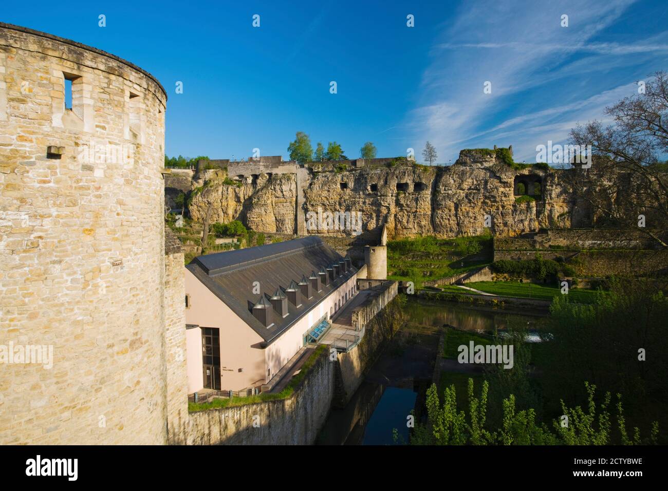 Ruins of a fortress built into rock wall, Casements du Bock, Luxembourg City, Luxembourg Stock Photo