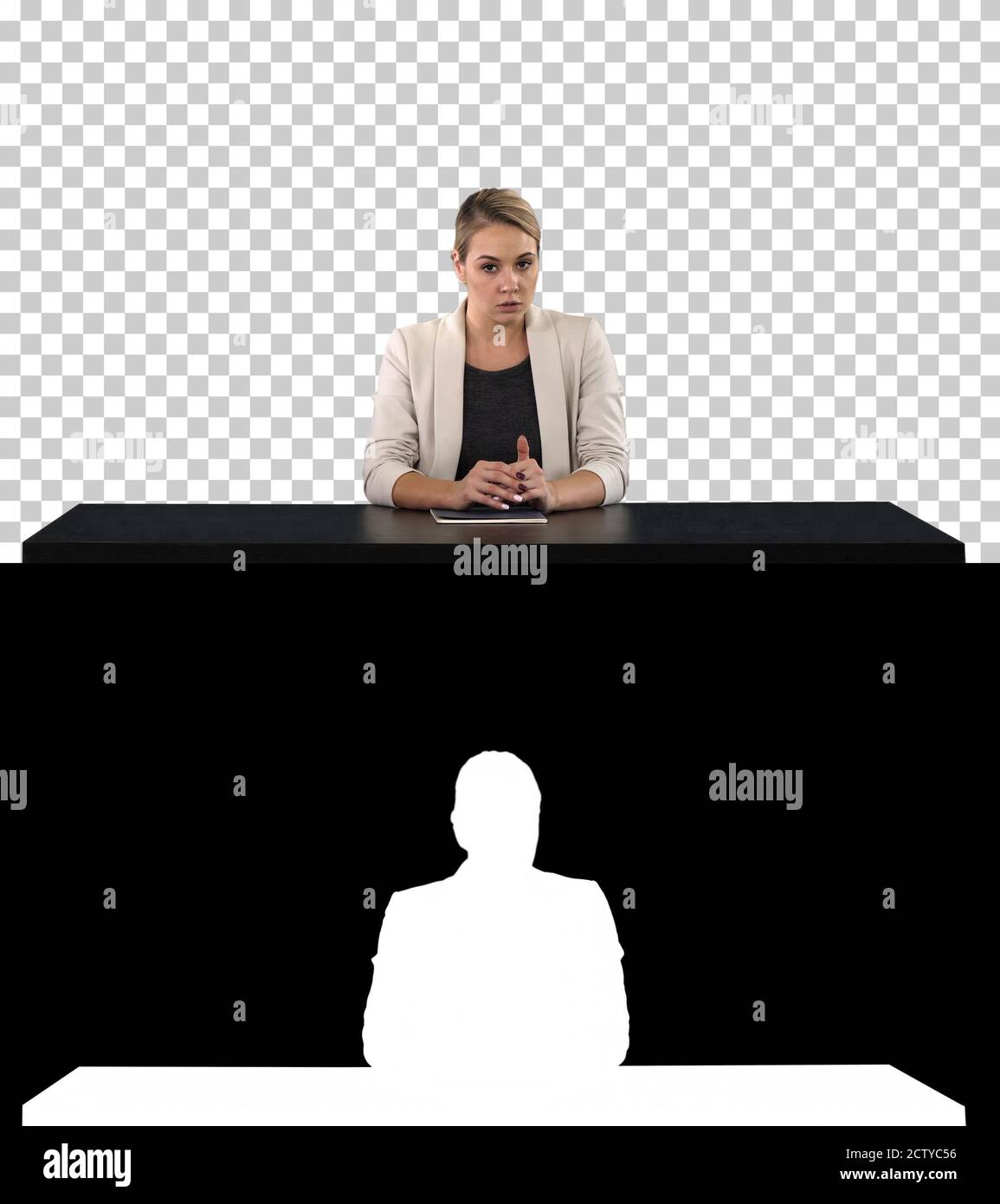 A female newsreader presenting the news, add your own text or im Stock Photo