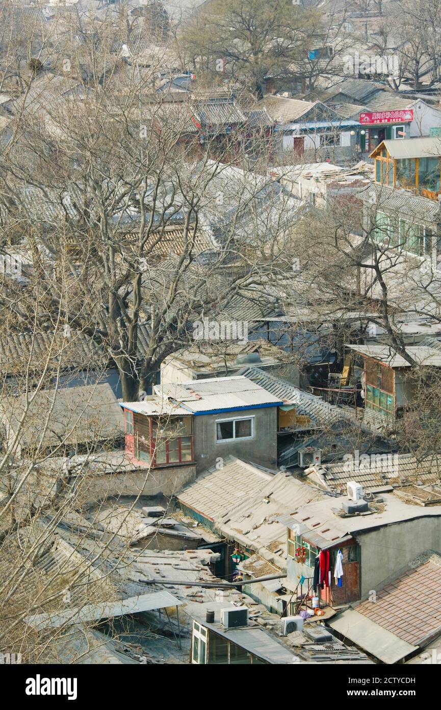 Rooftop view of traditional houses in Beijing Hutong area from atop Old Drum Tower, Dongcheng District, Beijing, China Stock Photo