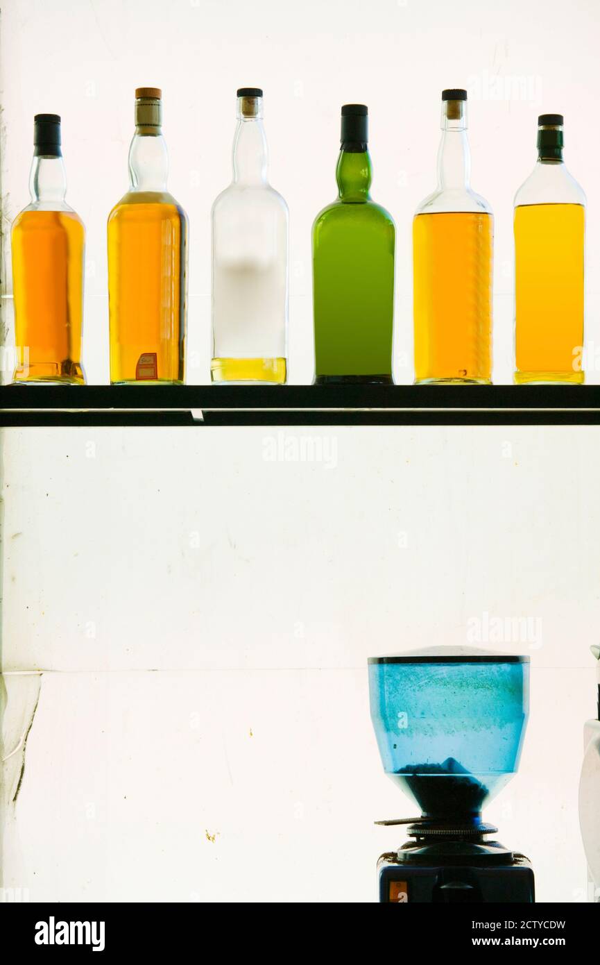 Bottles displayed at the Bookworm Cafe, Sanlitun, Chaoyang District, Beijing, China Stock Photo