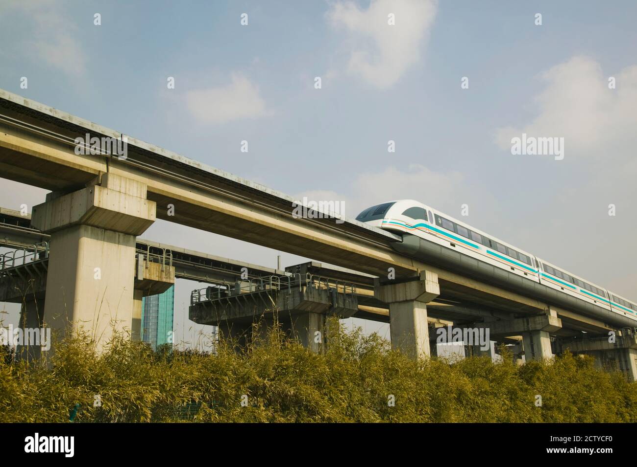 Maglev train on a railroad track, Pudong, Shanghai, China Stock Photo