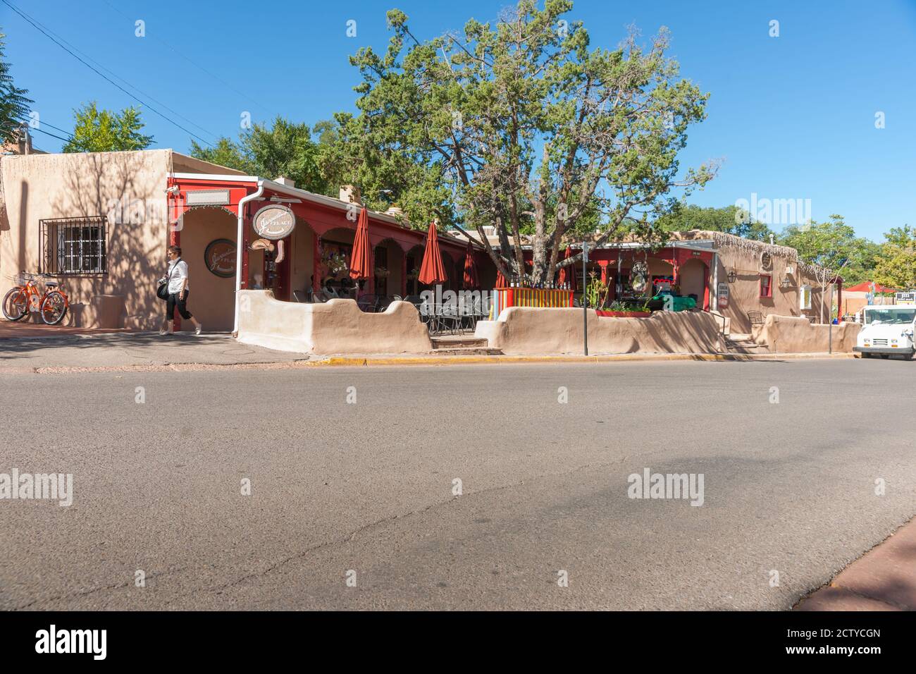 Santa Fe  USA   September 17 2015; Exterior wall and and boundary wall in Pueblo style architecture of roadside bar. Stock Photo