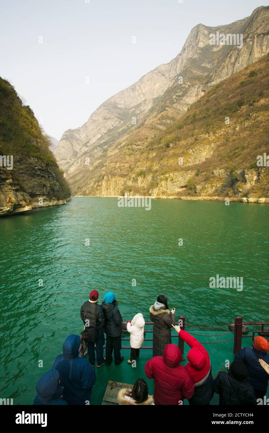 Tourists in a riverboat going to the Little Three Gorges, Wushan, Yangtze River, Chongqing Province, China Stock Photo