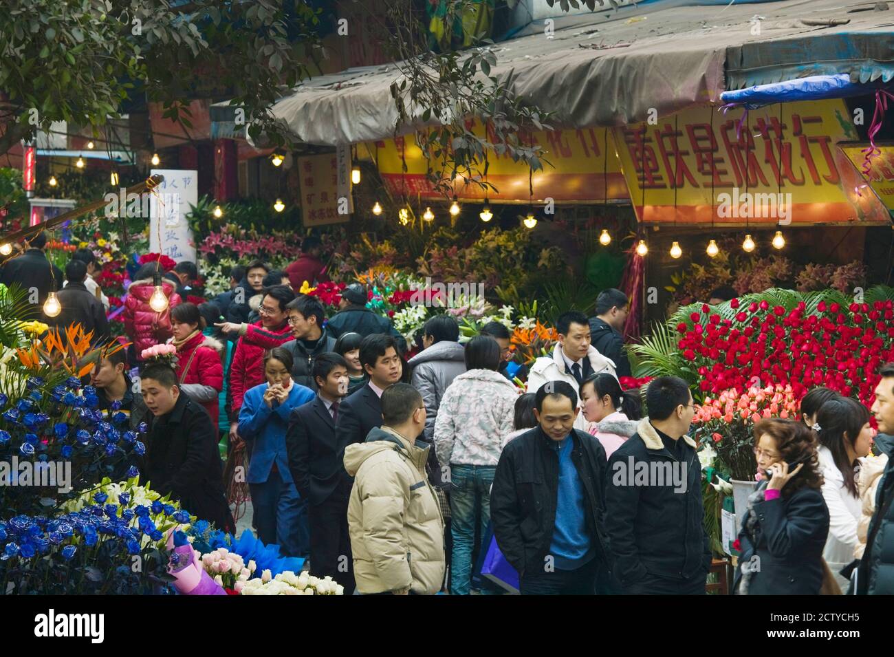 People shopping in flower market at Valentine's Day, Chongqing, Yangtze River, Chongqing Province, China Stock Photo
