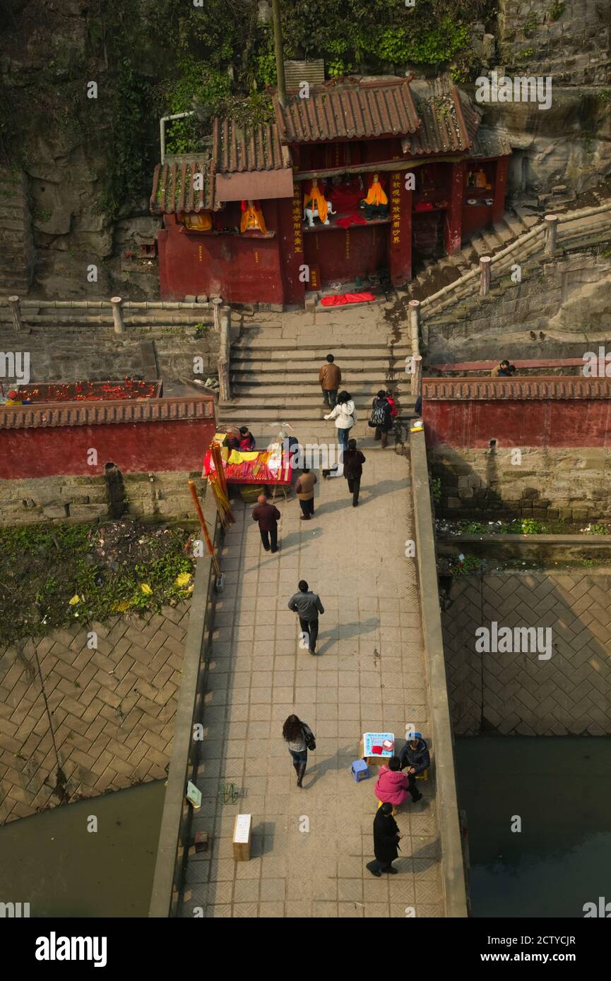 High angle view of visitors at a small temple, Ciqikou, Chongqing, China Stock Photo