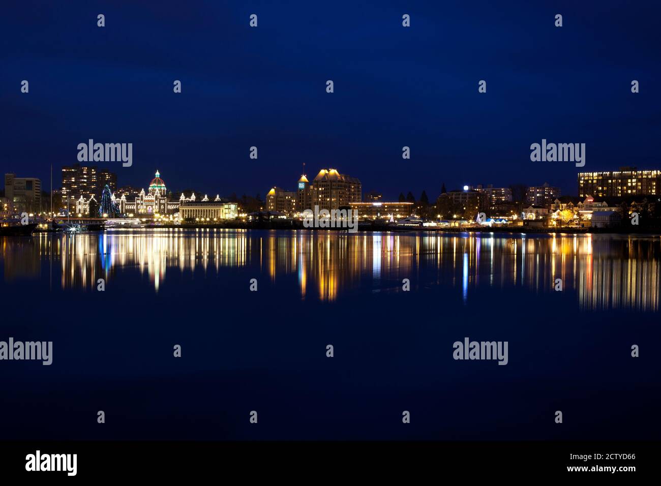 Buildings the waterfront lit up at night, Parliament Building, Inner Harbour, Victoria, British Columbia, Canada Stock Photo
