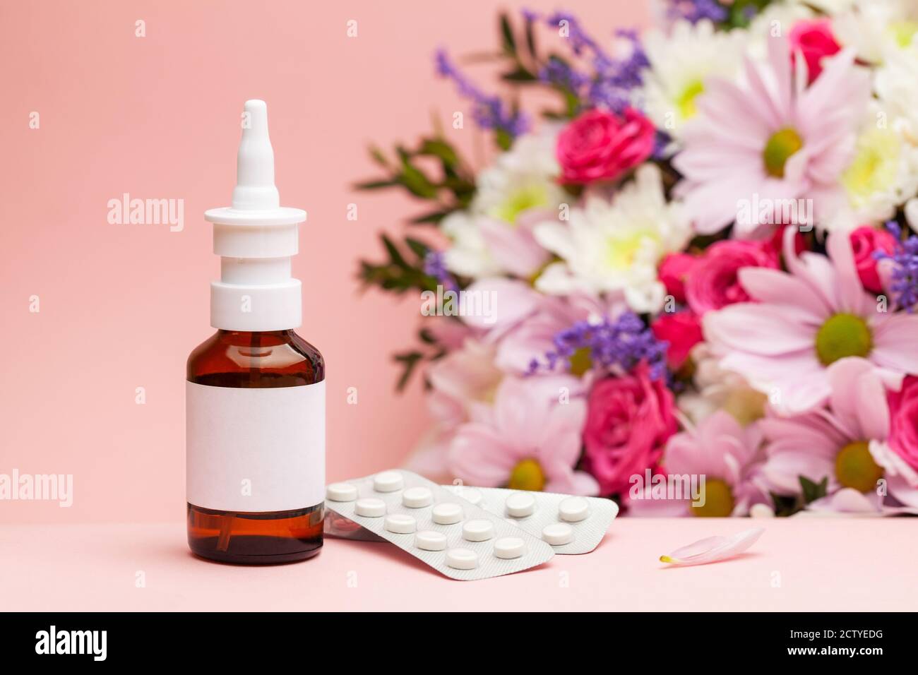 Allergy to flowers. Allergy spray medicine and pills against the