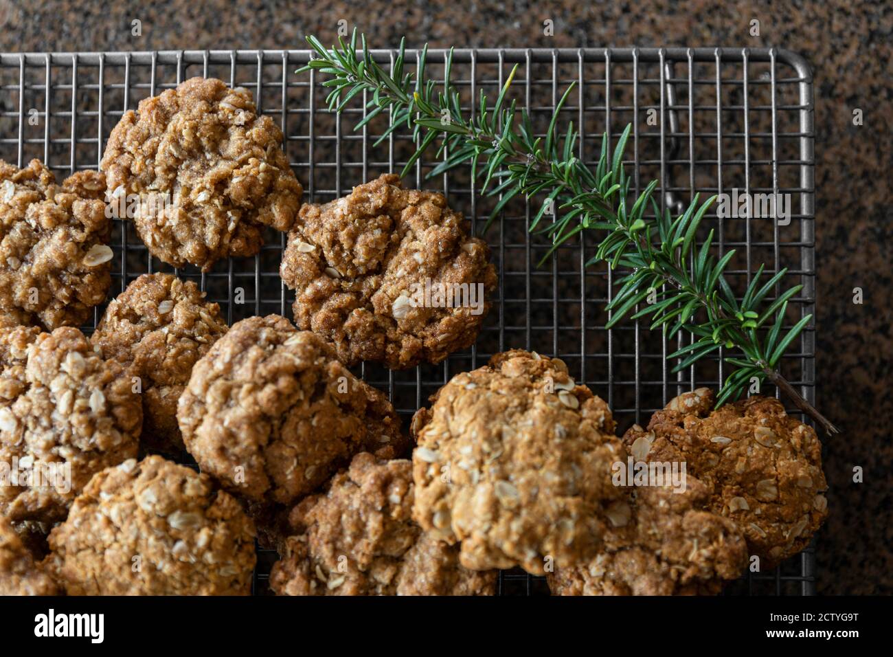 Traditional homemade anzac biscuits & rosemary stem cutting on cooling rack. Stock Photo