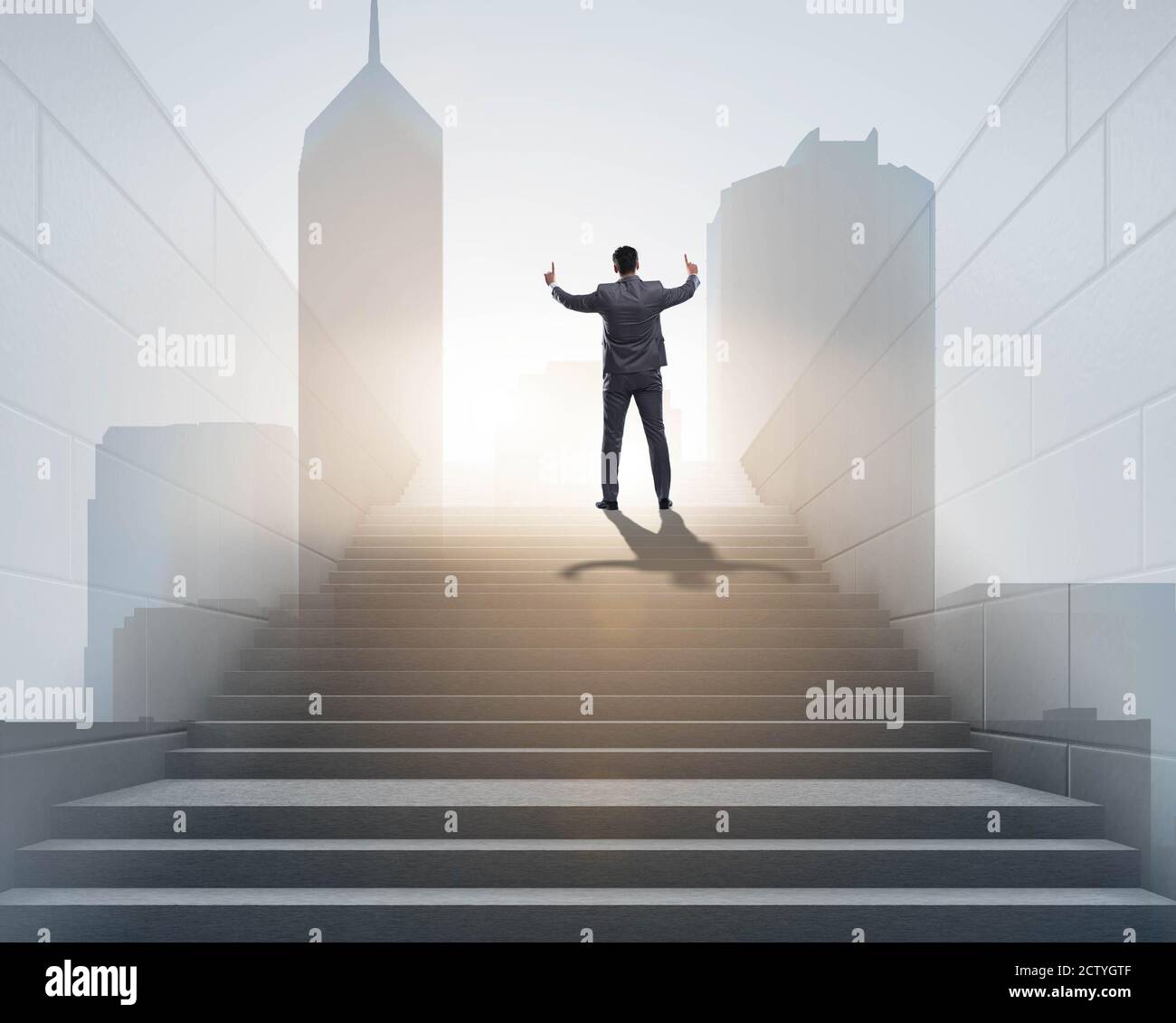 Businessman climbing up challenging career ladder in business concept ...