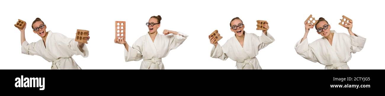 The funny woman in kimono with brick on white Stock Photo