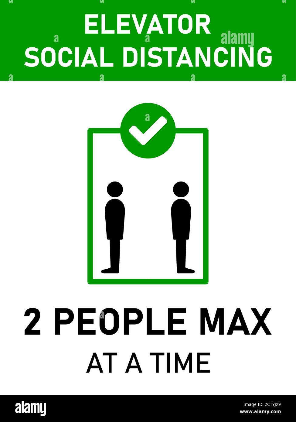 Elevator Social Distancing 2 People Max at a Time Vertical Warning Sign with an Aspect Ratio of 3:4. Vector Image. Stock Vector