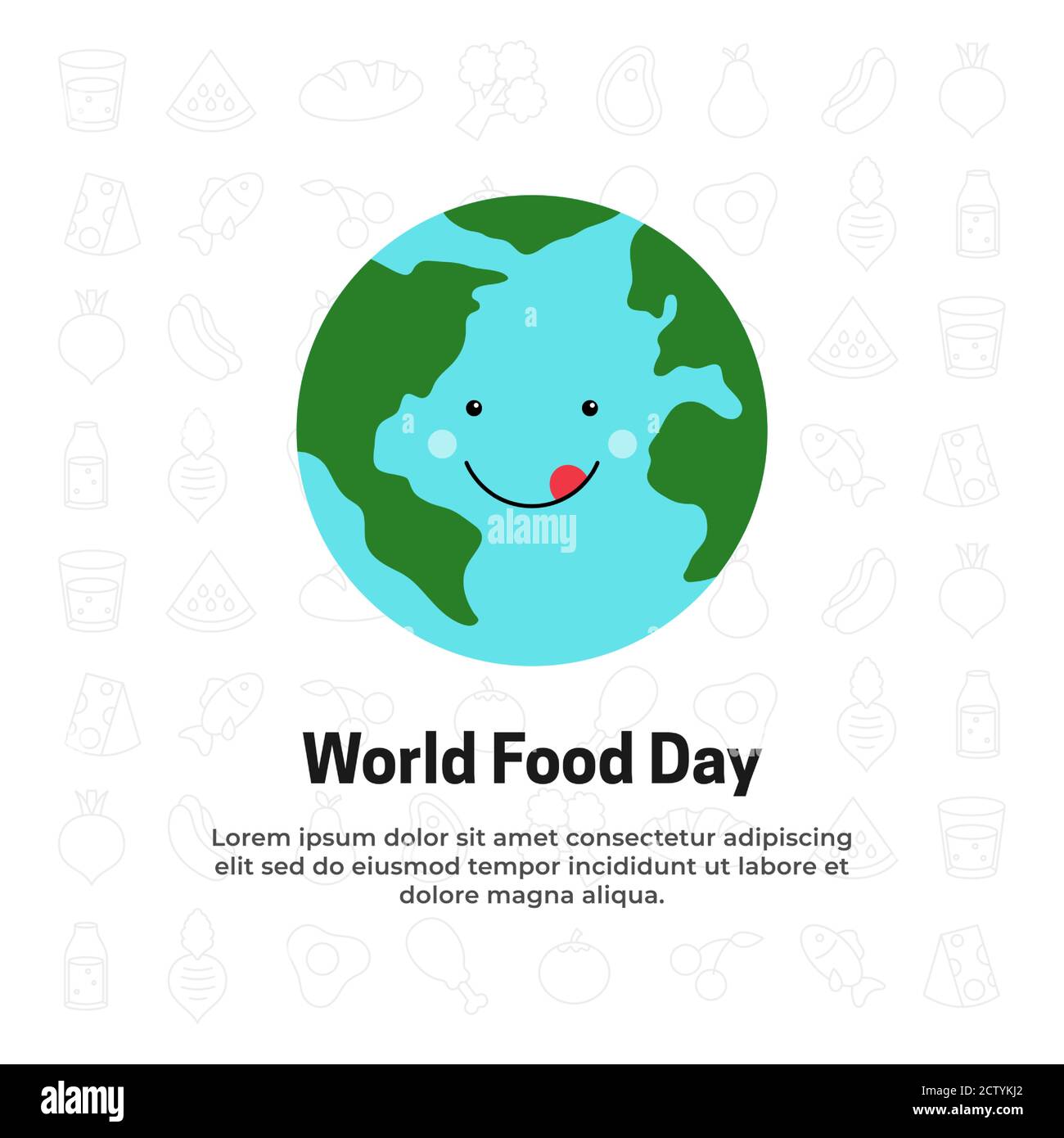 Funny cute earth cartoon face with delicious yummy smile vector illustration for World Food Day celebration poster background concept design Stock Vector