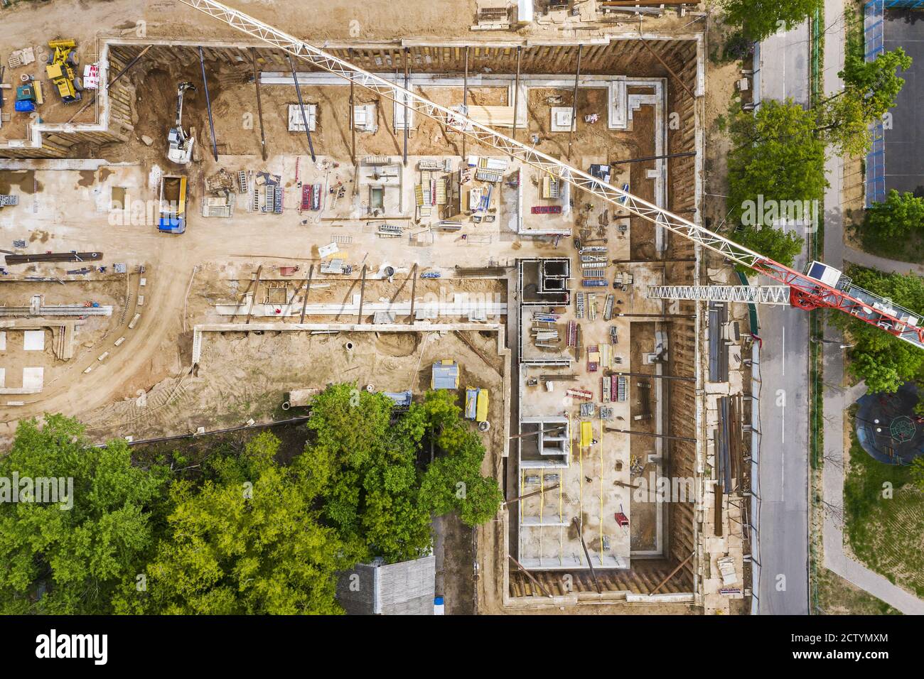 aerial photo of busy construction site in a city residential area Stock Photo