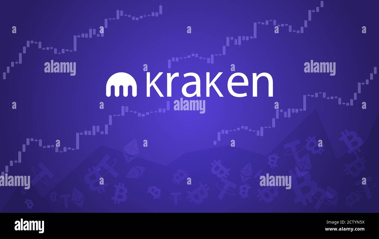 Kraken cryptocurrency stock market name with logo on abstract digital ...