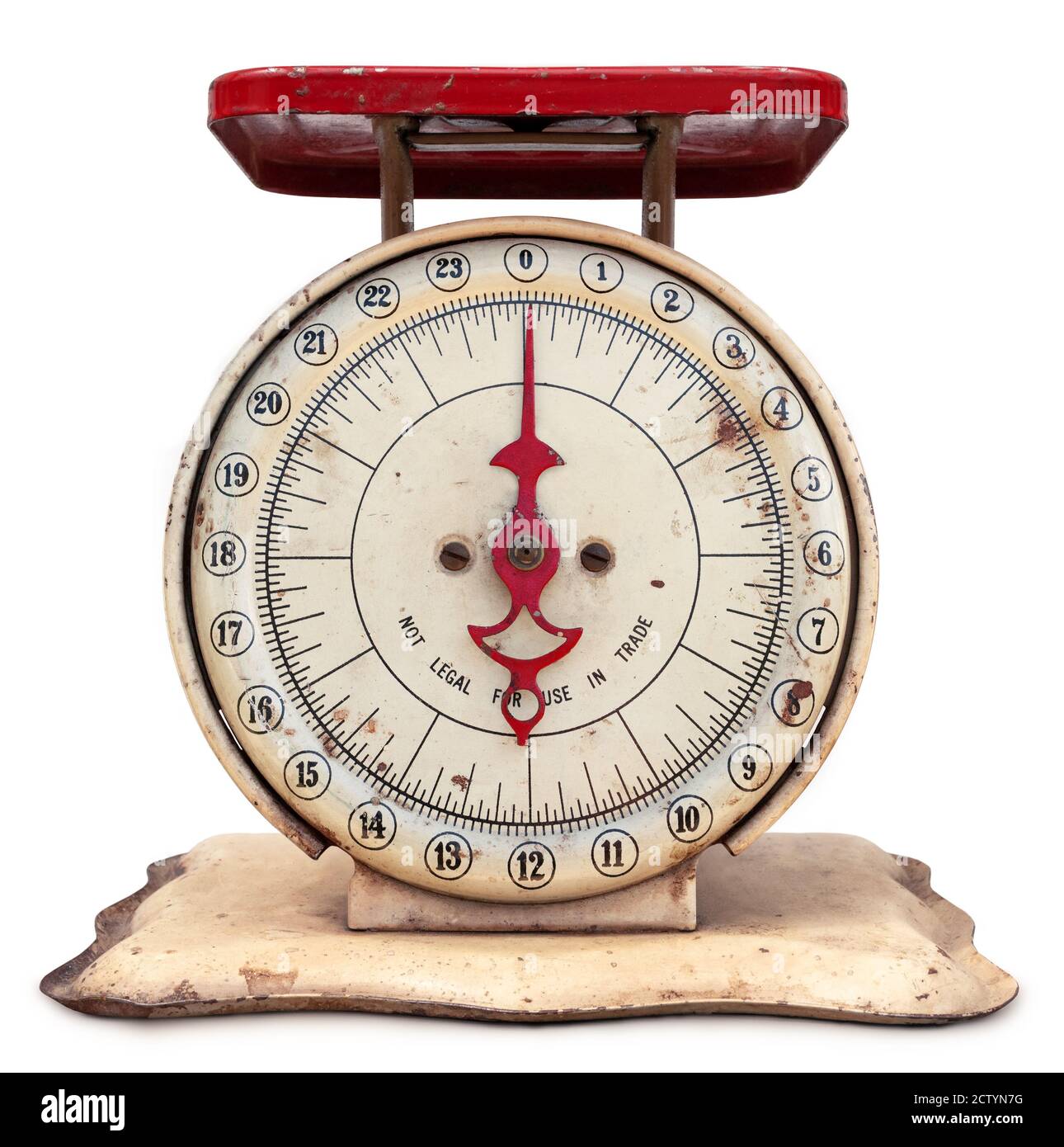 Old vintage kitchen scale, front view. Kitchen tool for chefs, bakers, and home cooks to weigh food. Concept for healthy lifestyle. Accurate tracking Stock Photo