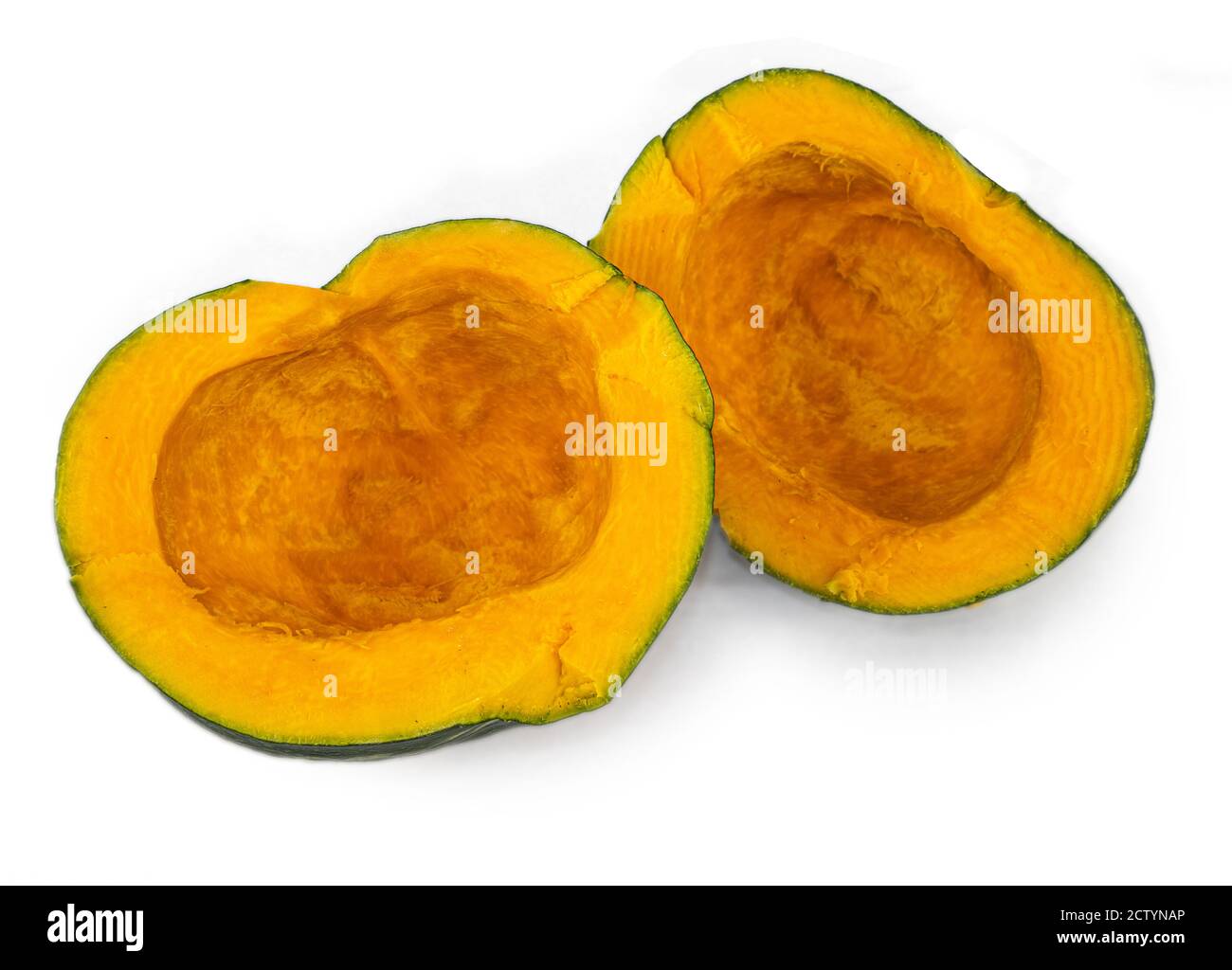 Buttercup squash cut in half. Also kabocha squash, turban squash or  Cucurbita maxima. Orange sweet flesh, high on vitamine a and fiber. Stock Photo