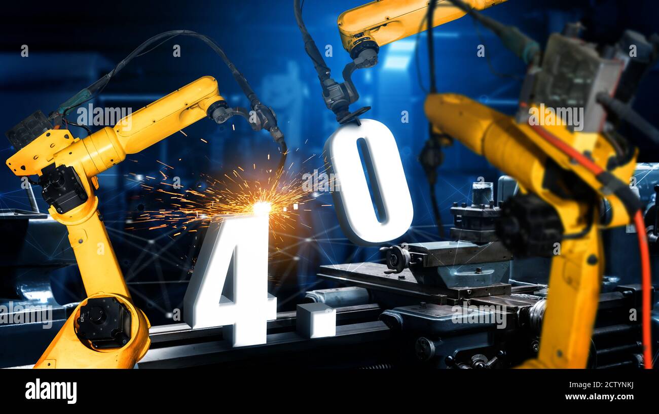 Smart industry robot arms for digital factory production technology showing automation manufacturing process of the Industry 4.0 or 4th industrial Stock Photo