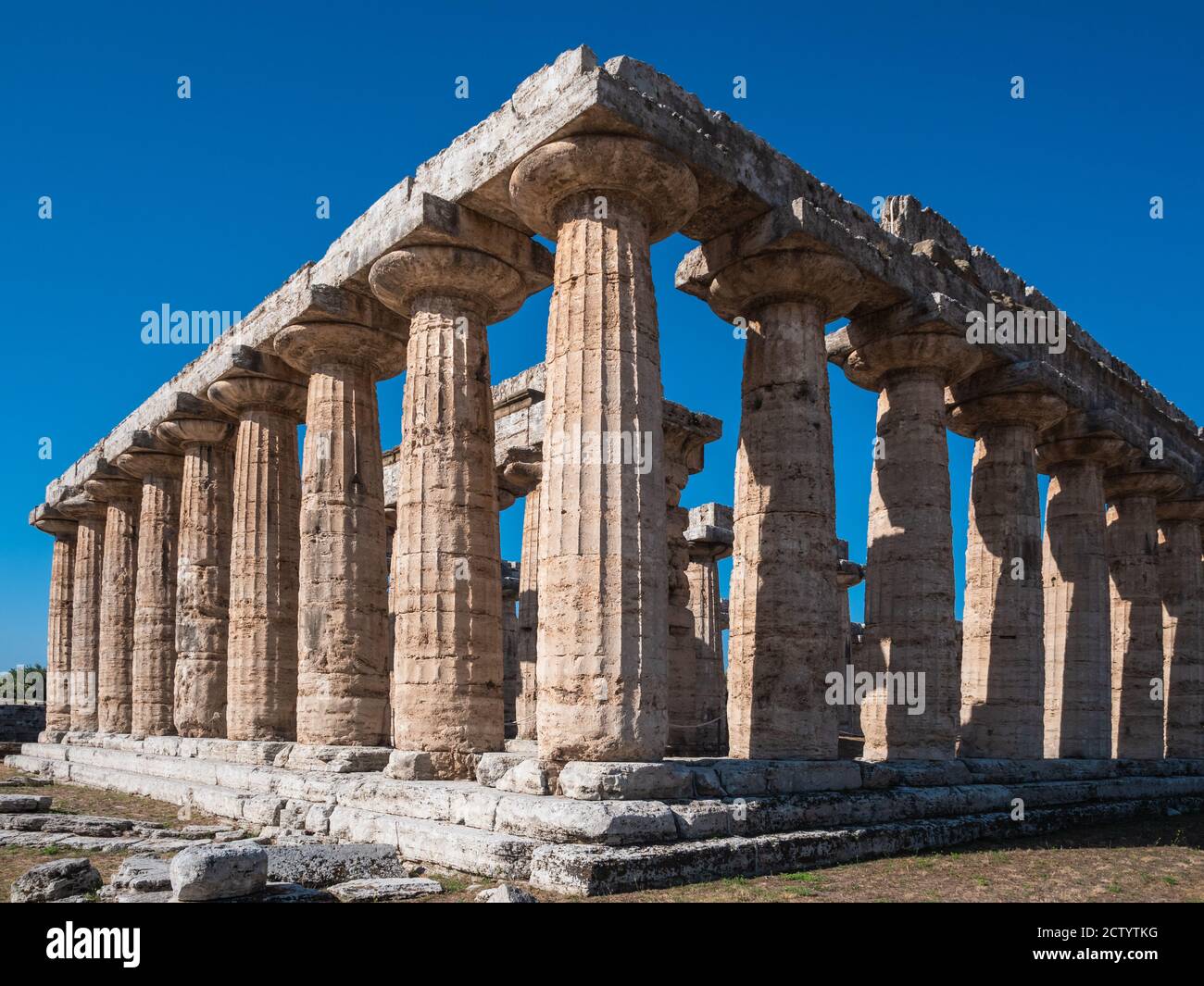 Archaic Temple or First Temple of Hera in Paestum, Italy also called Basilica, an Ancient Greek Temple Ruin with Doric Columns Stock Photo