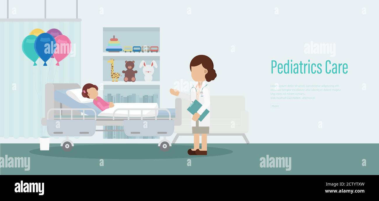 Pediatrics care banner with doctor and patient flat design vector illustration Stock Vector